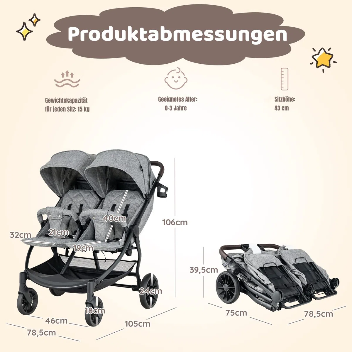 DREAMADE Geschwisterwagen, Doppelkinderwagen für 2 Kinder, Zwillingswagen Faltbar, Buggy mit Doppelsitz, Kinderwagen (Grau)