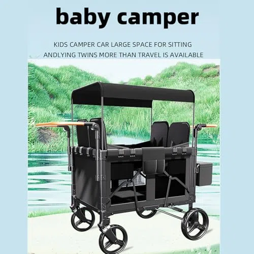 Zusammenklappbarer Kinderwagen, 4-Sitzer-Wagen mit 5-Punkt-Gurtsystemen, Sonnenschutz, Seitentaschen und Schiebestange for Kinder im Alter von 0–6 Jahren – Grau