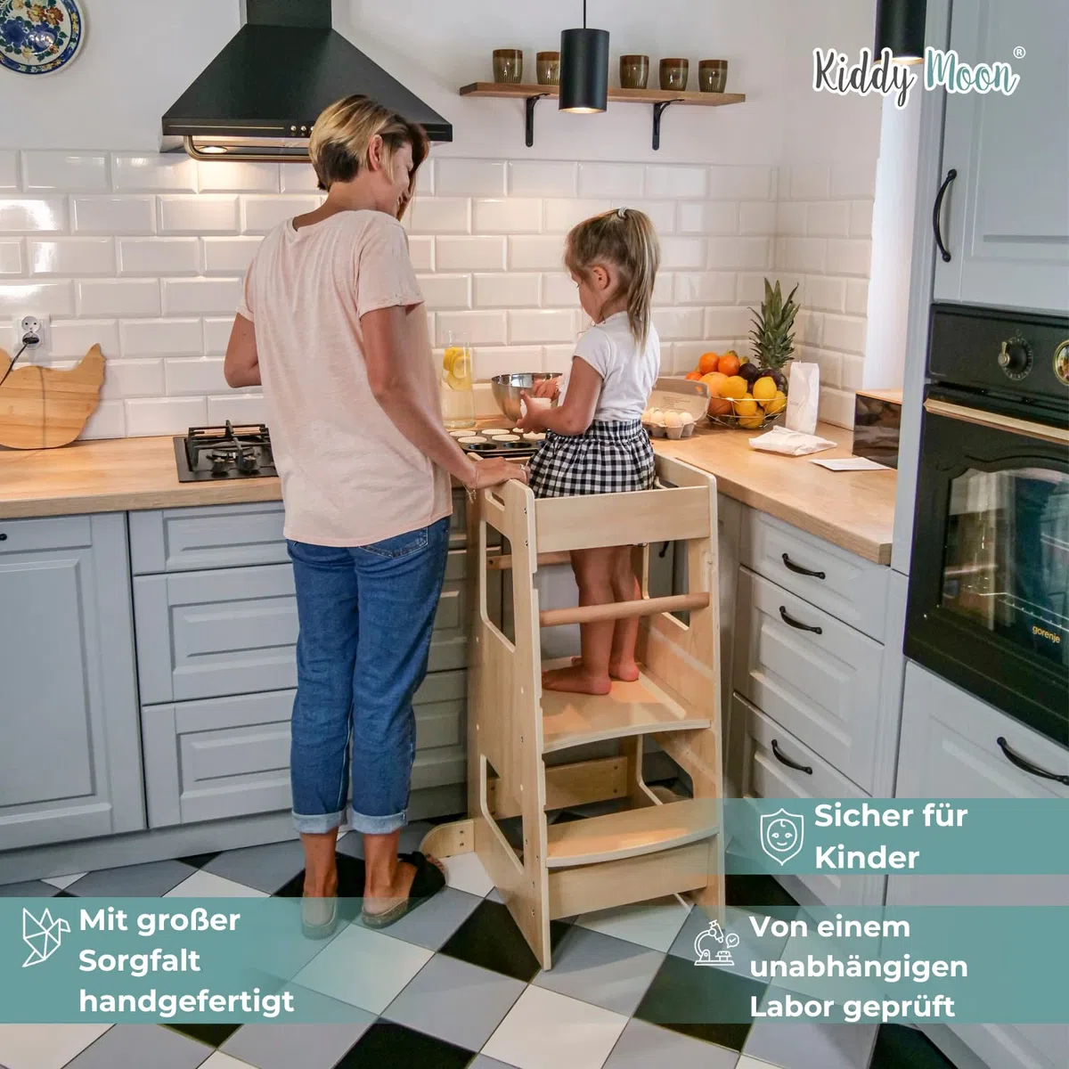 KiddyMoon Lernturm Für Kinder Ab 1 Jahr, Anti-Kipp-Schutz, 3-Fach Höhenverstellbar, Schutzbügel, Montessori Küchenhelfer, Weiß