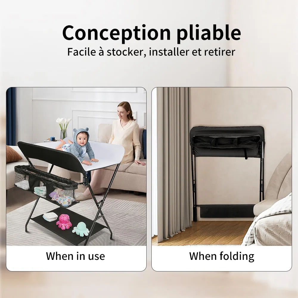 homewell Wickeltisch, Baby Wickelkombi Faltbar Tragbar, Klappbare Wickelkommode mit Aufbewahrungskorb, Sicherheitsgurt und 4 Rollen, Platzsparend & Stabil, 79 * 55.5 * 96cm (Grau + Weiß)