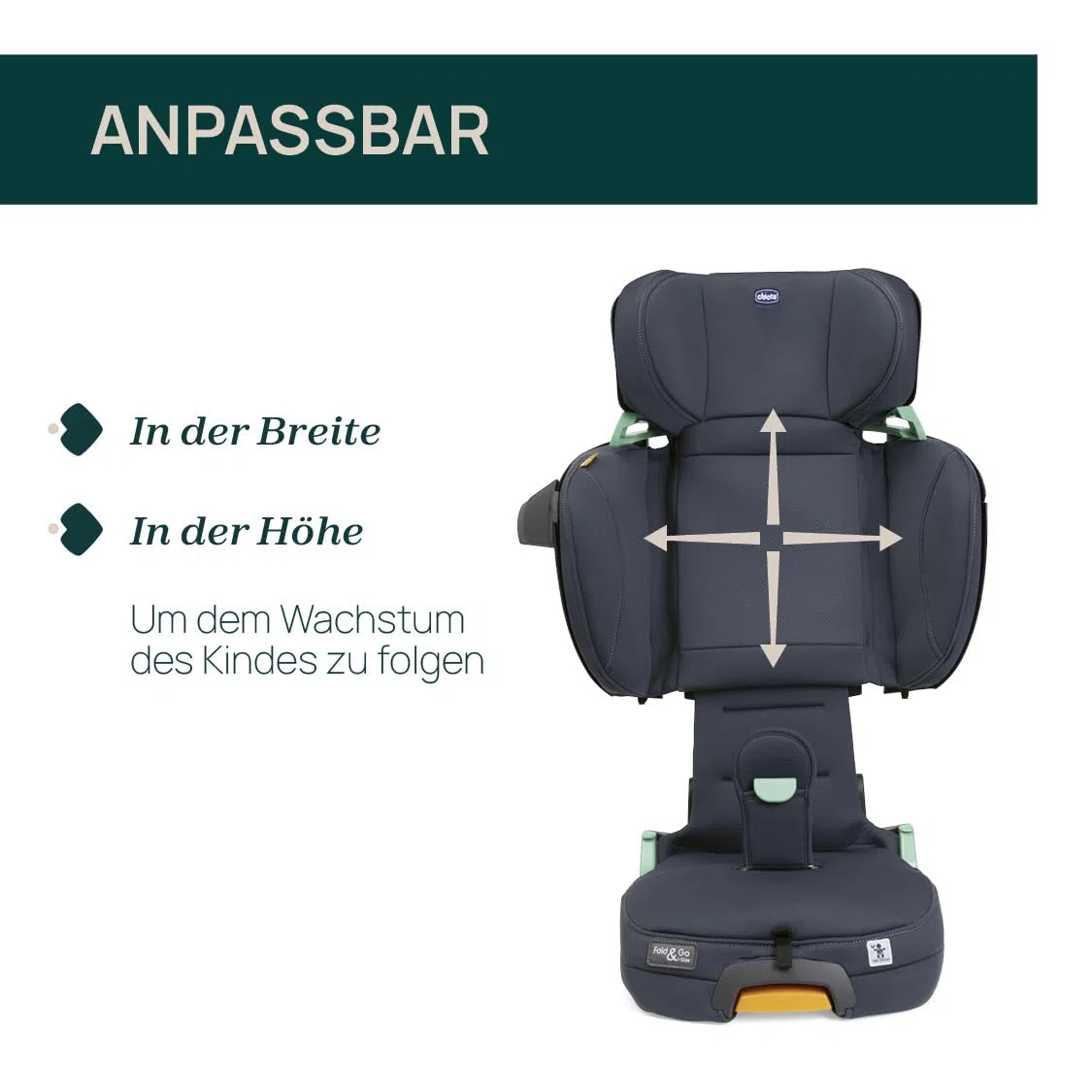 Chicco Fold&Go I-Size Kindersitz 15-36 kg mit ISOFIX Konnektoren, Gruppe 2/3 für Kinder von 3-12 Jahren, faltbar und klappbar, Seitenschutz, Höhe und Breite verstellbar, India Ink