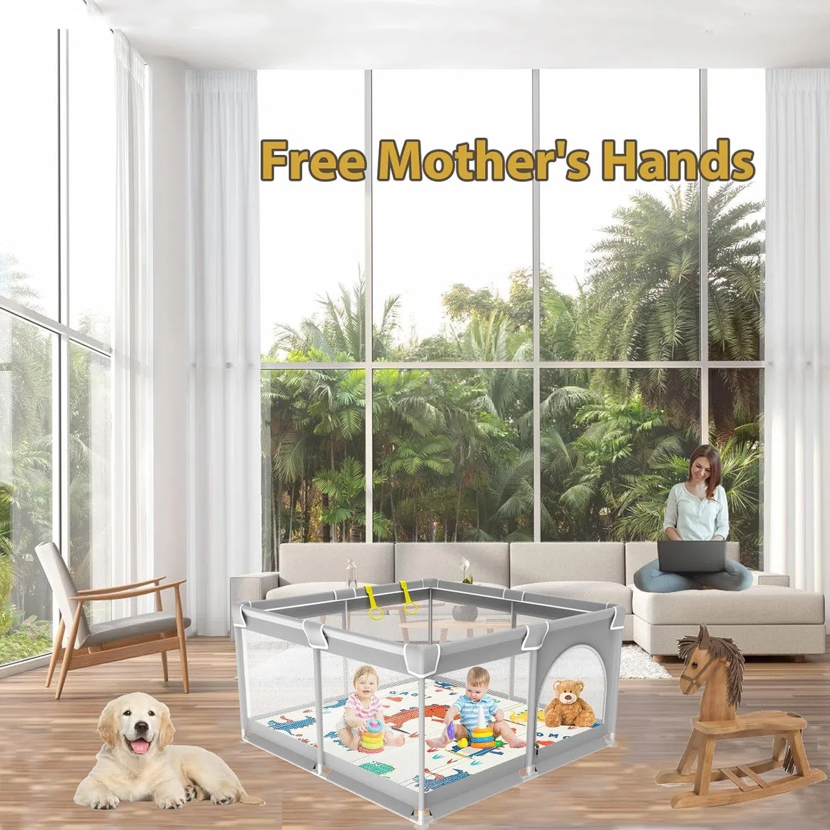120x120cm Laufstall Baby,Laufgitter Baby Faltbar mit Matratze,Kinder Laufgitter mit Spielmatte 4 Saugnäpfen, Schaum Matte,Atmungsaktivem Mesh Reißverschlusstür