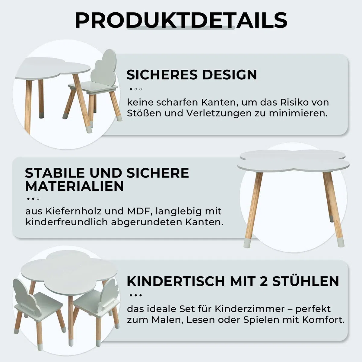 Rebecca Mobili Kinder-Tisch und 2 Stühle Set, Grün Braun, MDF Kiefer, für Kinderzimmer, Spielzimmer - Abmessungen: 44 x 60 x 60 cm / 50 x 25 x 25 cm - Art. RE6900