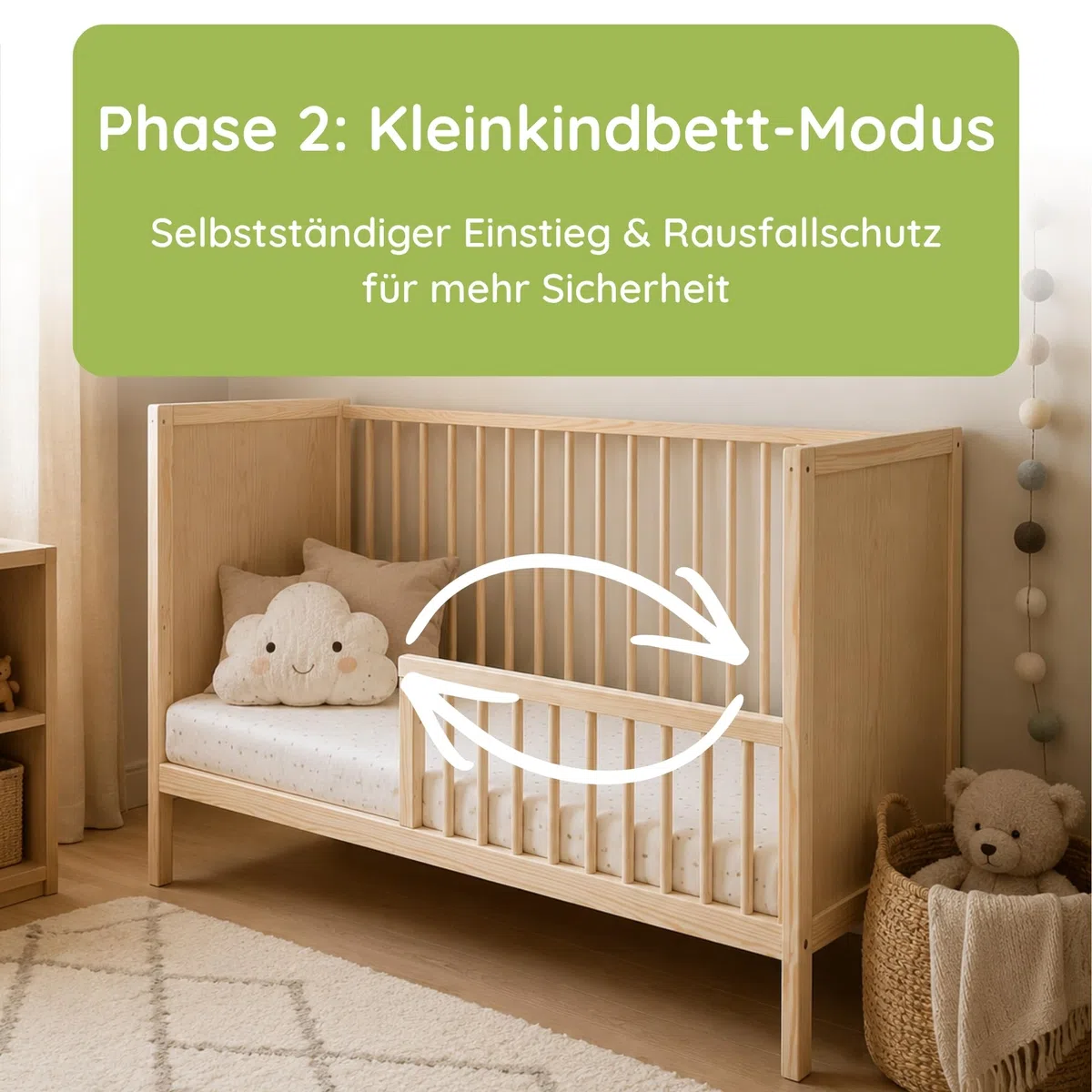 Kids Collective Babybett Kinderbett Beistellbett | Modulares Gitterbett Lattenrost 3-Fach höhenverstellbar & abnehmbare Sprossen | Baby Bett Holz Kinderzimmer | 120x60 cm | Natur