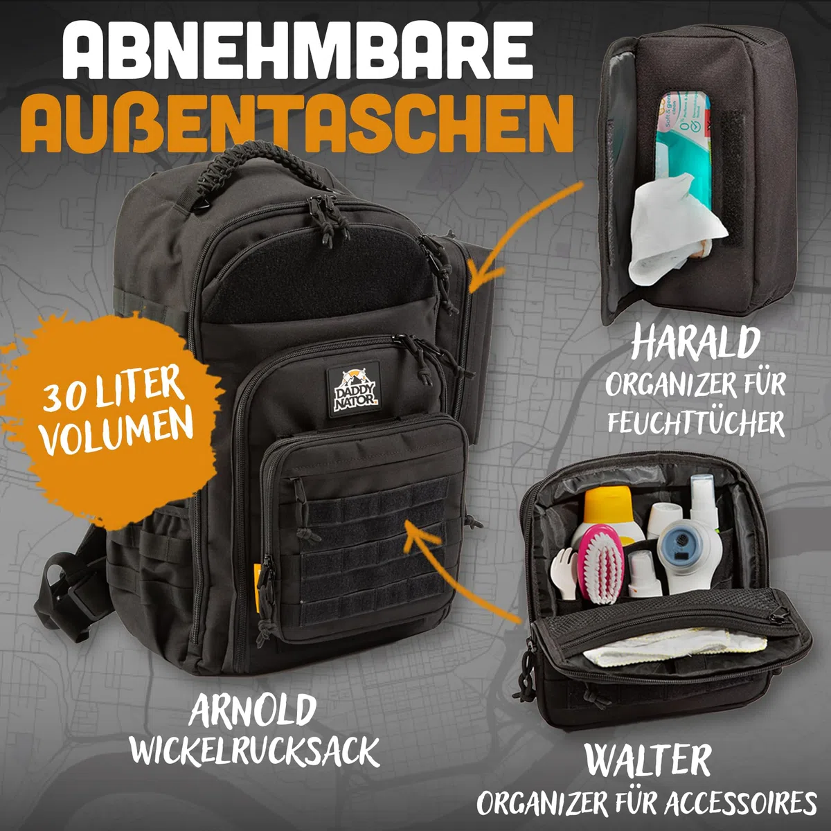 BIG Arnold Wickelrucksack für Väter mit Wickelunterlage inklusive Organizer für Feuchttücher und Organizer für Accessoires | Komplettes Bundle