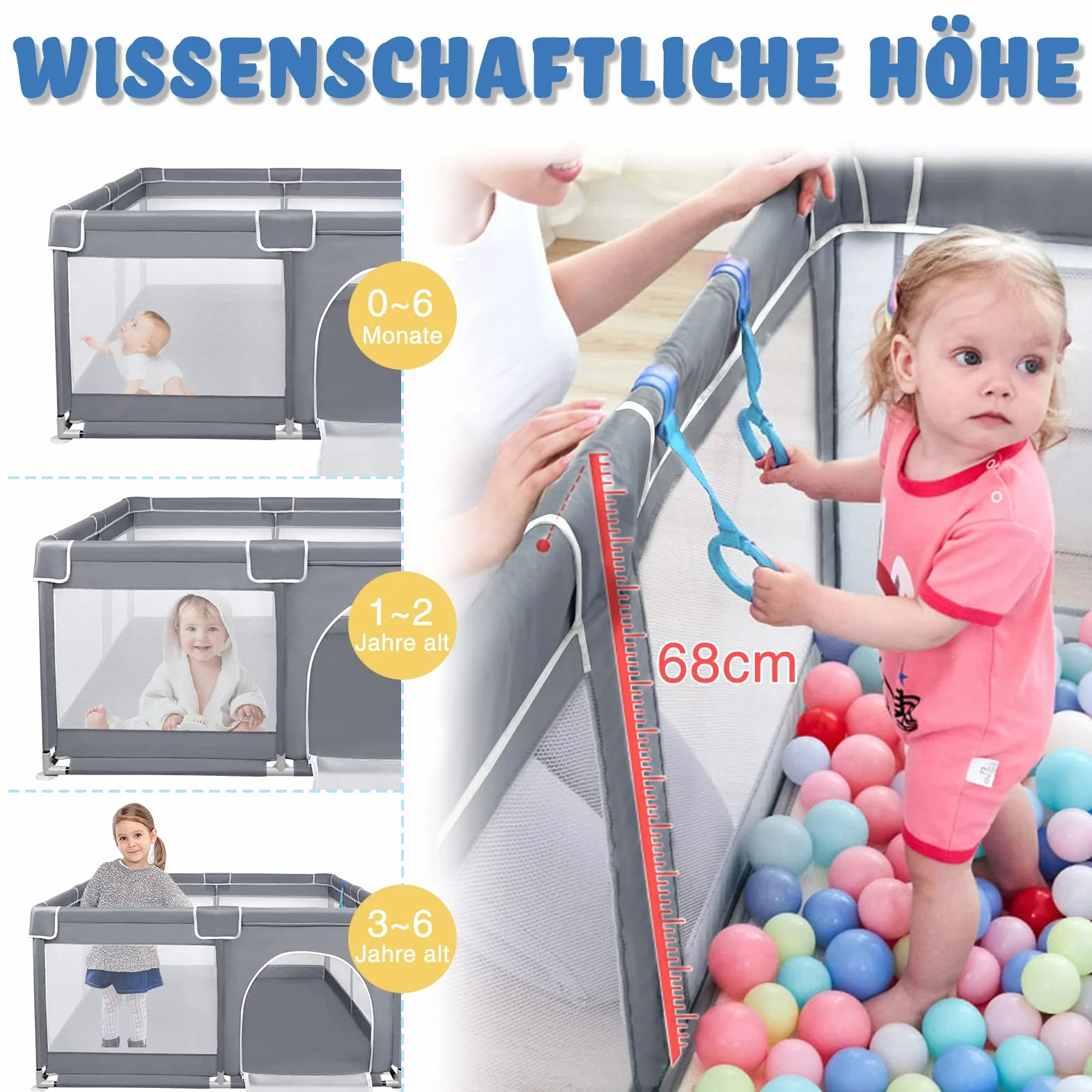 UISEBRT Laufstall Baby Laufgitter Schutzgitter mit Rutschfester Basis und Atmungsaktivem Netz, Stabiler Absperrgitter Aktivitätszentrum für Kinder, Dunkelgrau, 127x127cm
