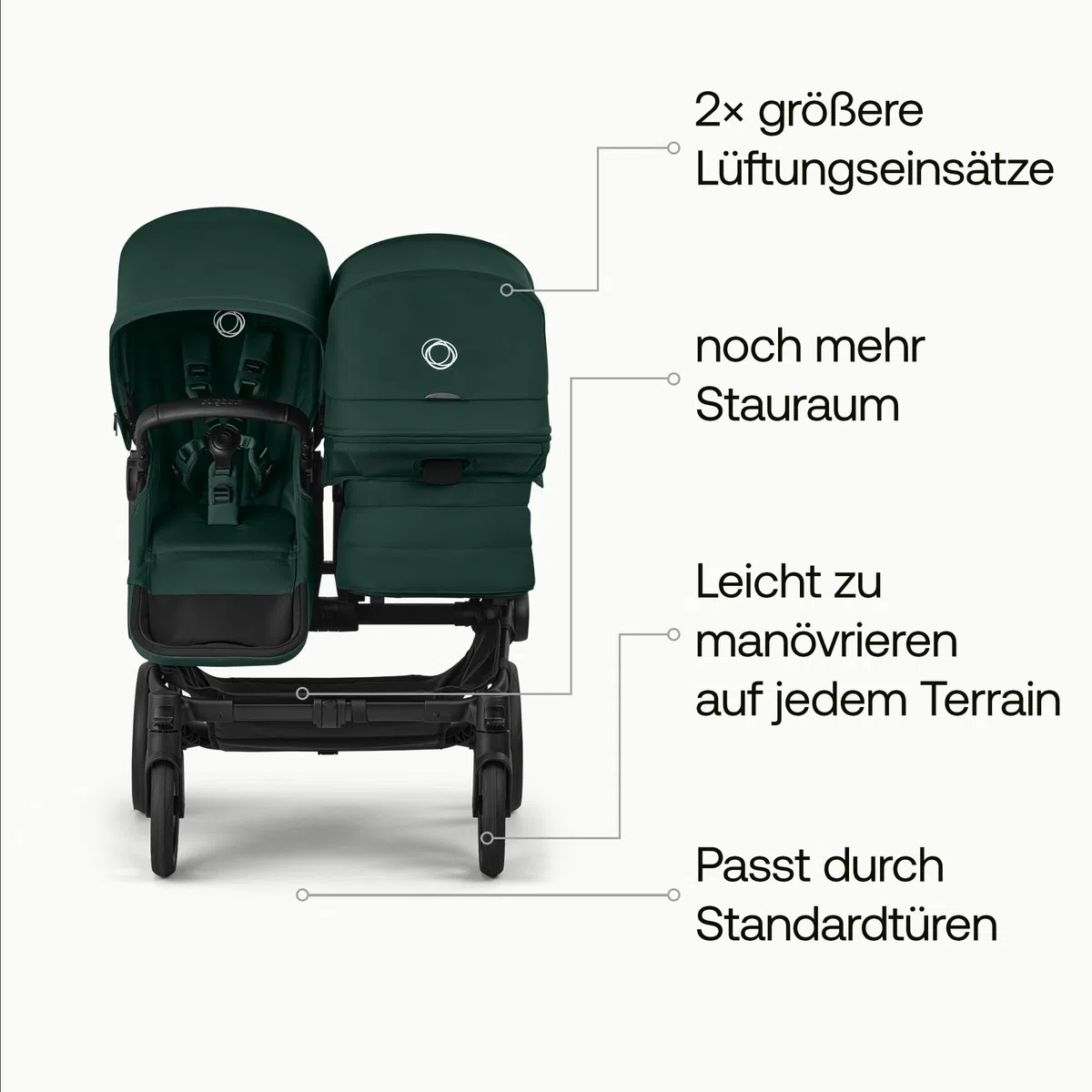 Bugaboo Donkey 6 Double, Geschwisterwagen für Baby & Kleinkind, Doppelkinderwagen mit wendbarem Sitz und Liegewanne, komfortable Einhand-Lenkung, Fern Green
