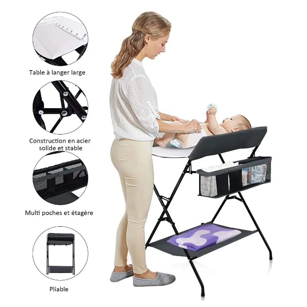 homewell Wickeltisch, Baby Wickelkombi Faltbar Tragbar, Klappbare Wickelkommode mit Aufbewahrungskorb, Sicherheitsgurt und 4 Rollen, Platzsparend & Stabil, 79 * 55.5 * 96cm (Grau + Weiß)