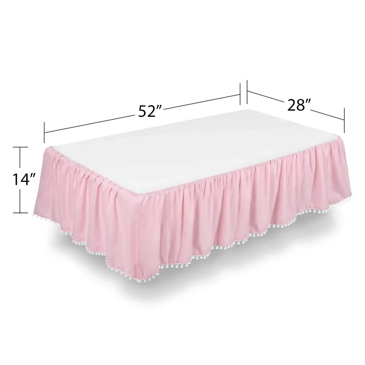 Kinderbett-Rock Krippenrock mit Pompons, 4 Seiten, elastisch, 14 Zoll Höhe(White,70x 140 x 36 cm)