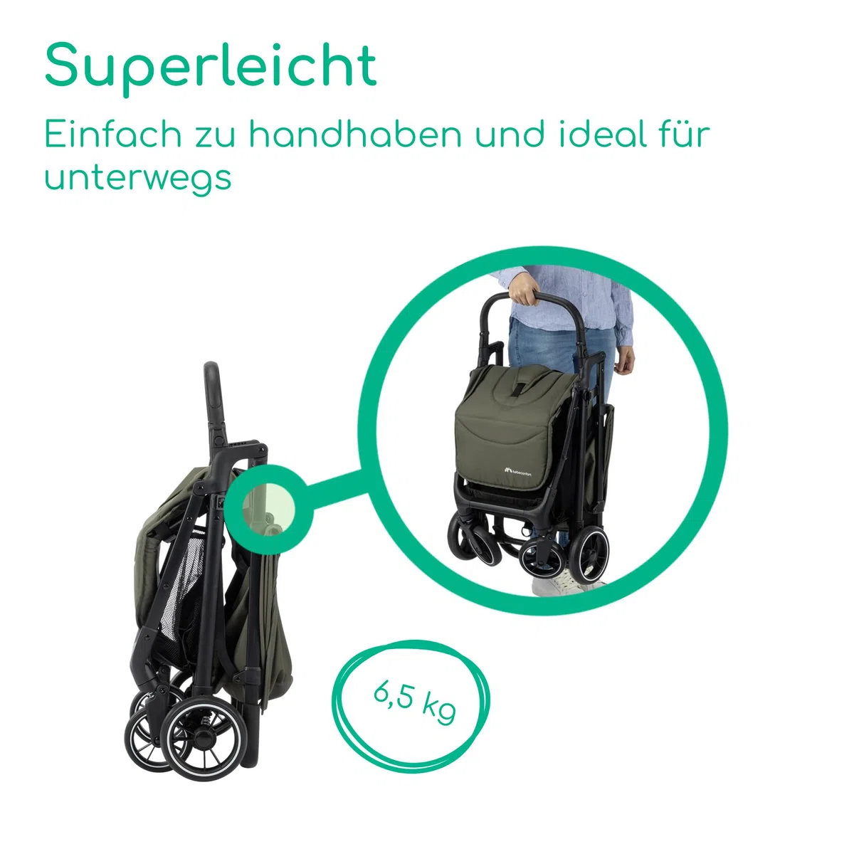 Bebeconfort Azur, Kinderwagen Buggy Kompakt, 0–3 Jahre (15 kg), Leichter Reisebuggy, Automatisch Einhändig Klappbar, Stufenlos Flach Verstellbar, Großer Korb, Mineral Green