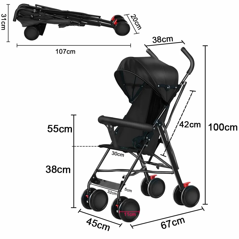 OHMG Kompakter Buggy,Baby Sportwagen,Kinderwagen,ab Geburt bis 4 Jahre Bis zu 25 kg,Leichtes Kinderwagen-Buggy,faltbar und kompakt,mit Baumwollmatte + Moskitonetz (D-Schwarz)