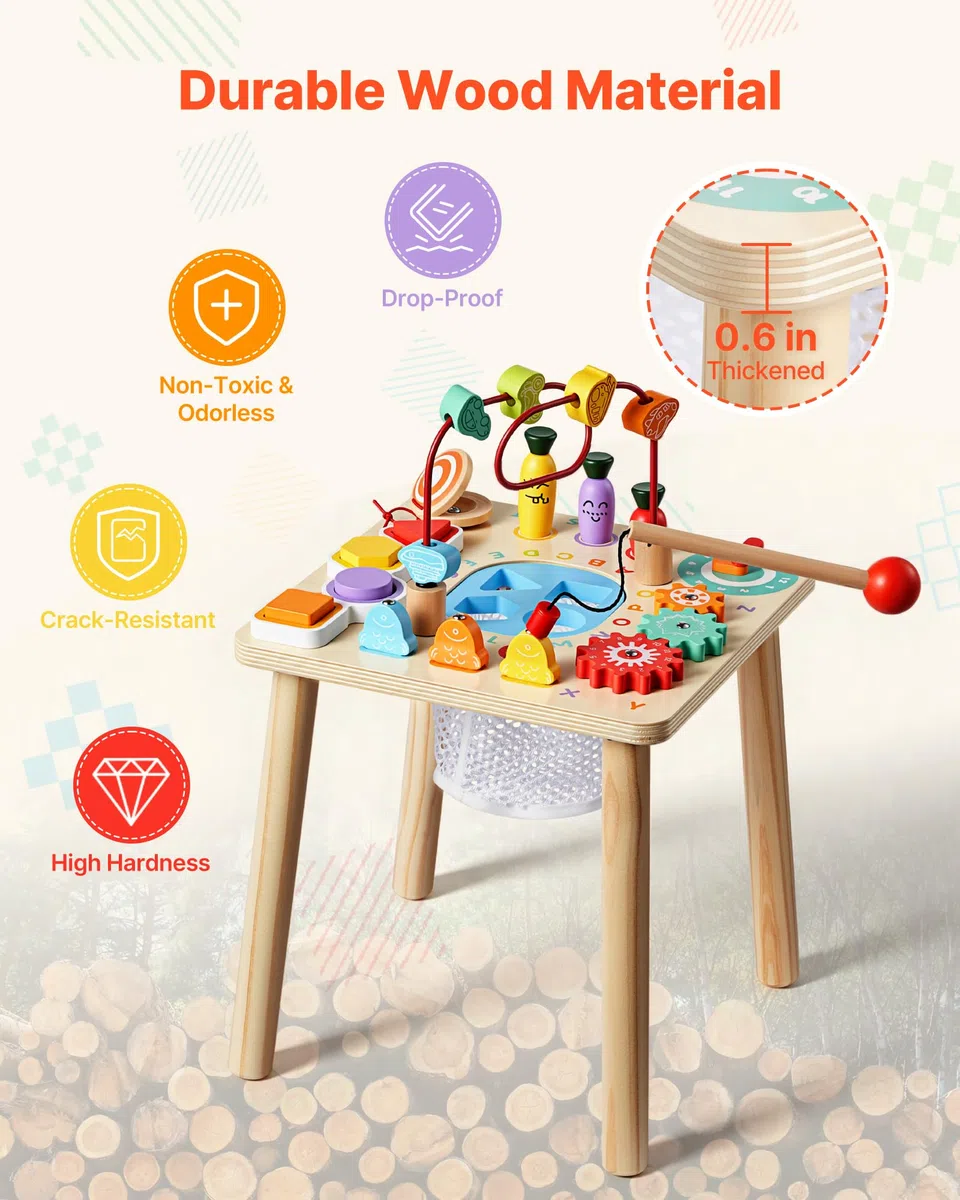 VEVOR Holz Aktivitätstisch, Montessori Spielzeug, 8-in-1-Lerntisch, Spieltisch Aktivitätstisch für Kinder ab 6 Monaten, Geburtstag, Weihnachten oder Kindertag, 6-36 Monate