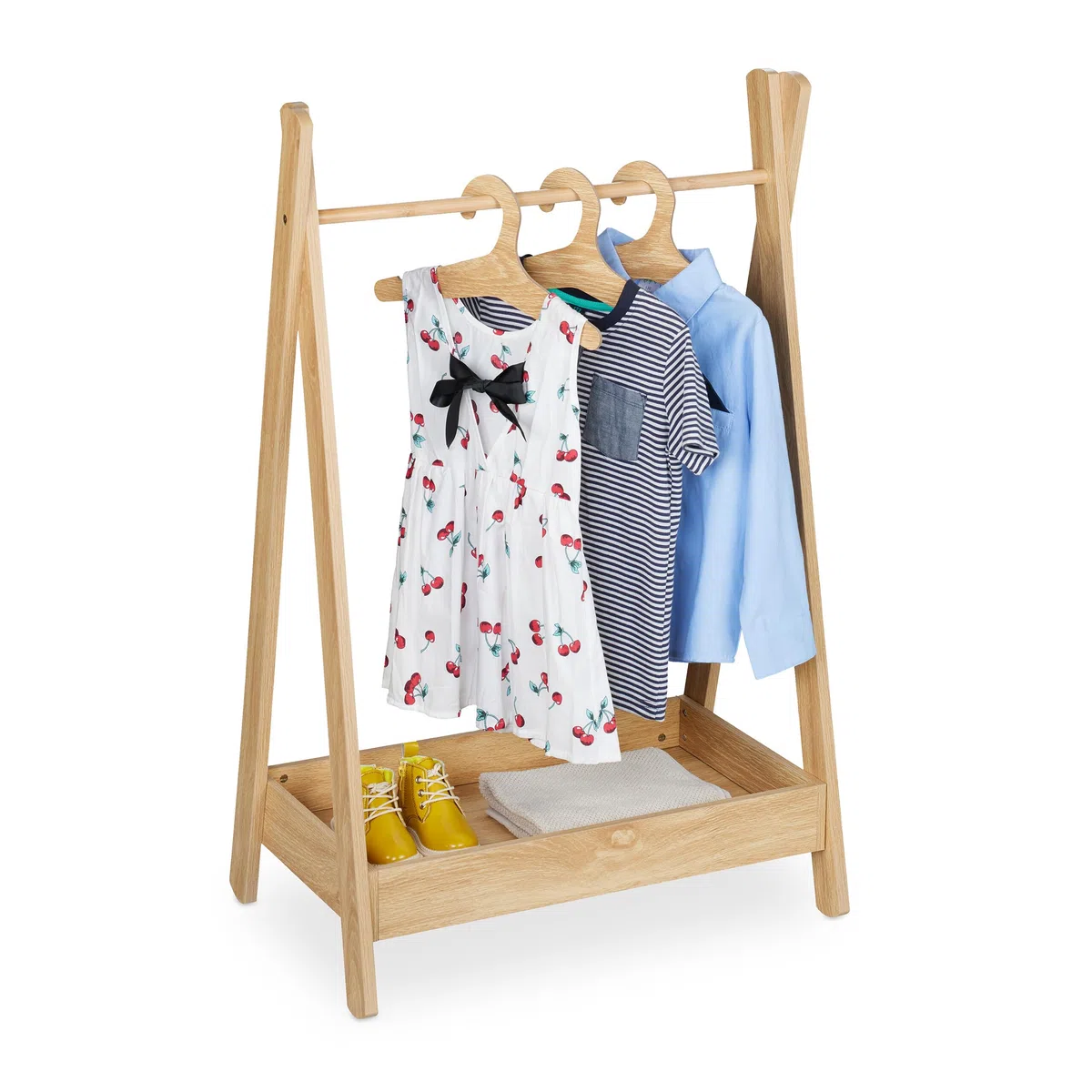 Relaxdays Kleiderständer Kinder, HBT 98,5 x 62 x 40 cm, 3 Kleiderbügel, Kleiderstange & Ablage, Kindergarderobe, natur