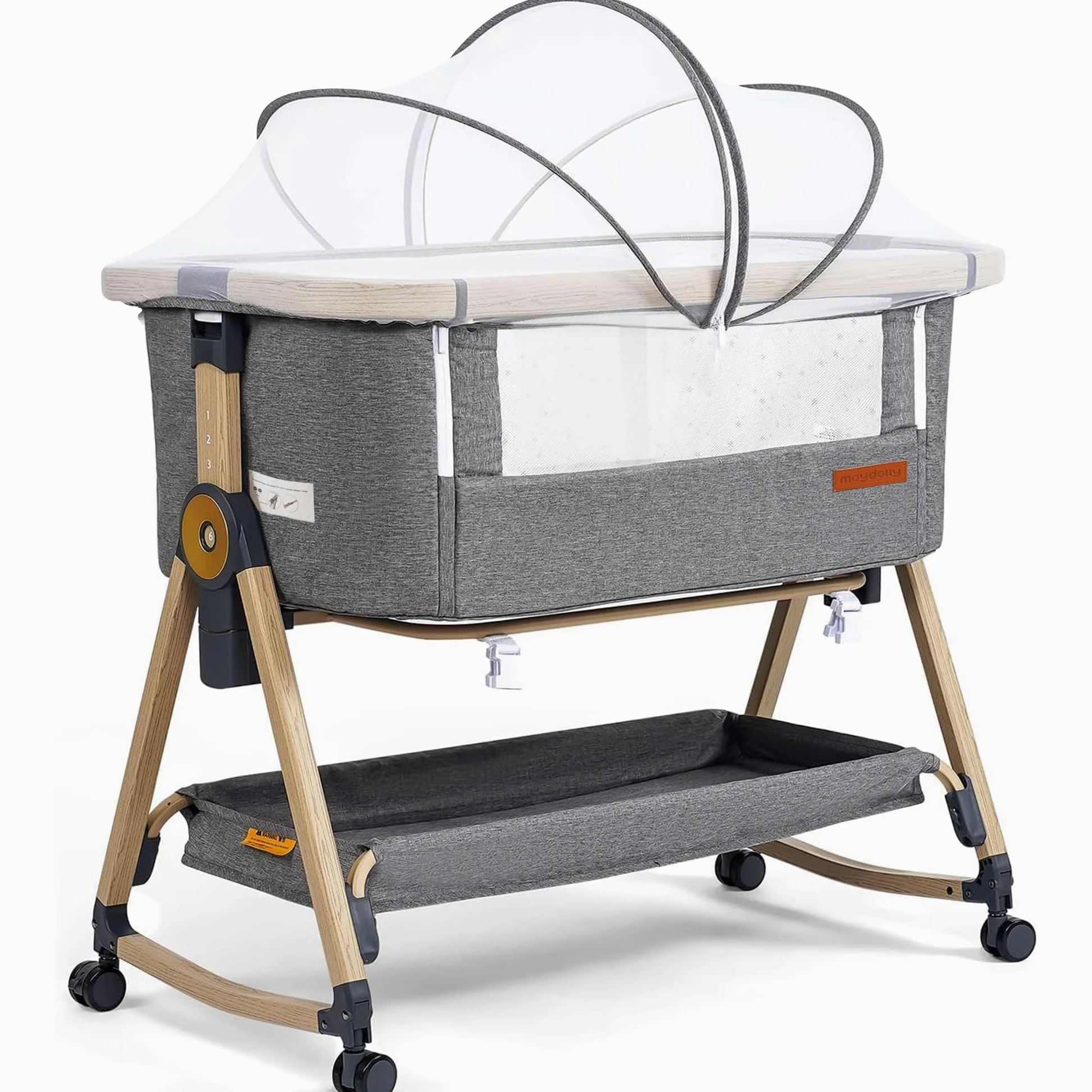 Maydolly 3-in-1 Baby Beistellbett – Vielseitiges Beistellbett, Reisebett & Stubenwagen inklusive Matratze & Moskitonetz – Höhenverstellbar mit Rollen, klappbar und mit Tragetasche – Grau