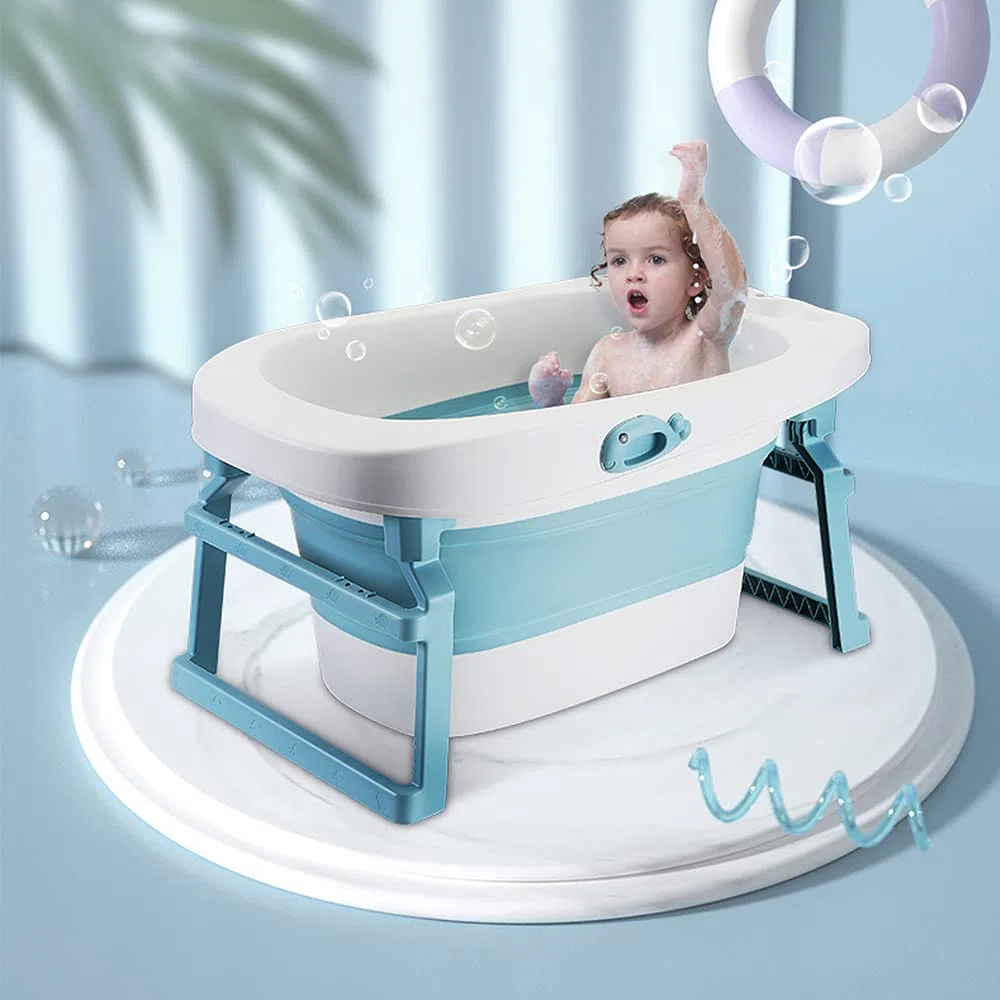 OHMG Faltbare Babywanne für Kinder, tragbar, faltbar, mit rutschfester Matte und Ablaufloch, für Neugeborene bis 6 Jahre, in Blau