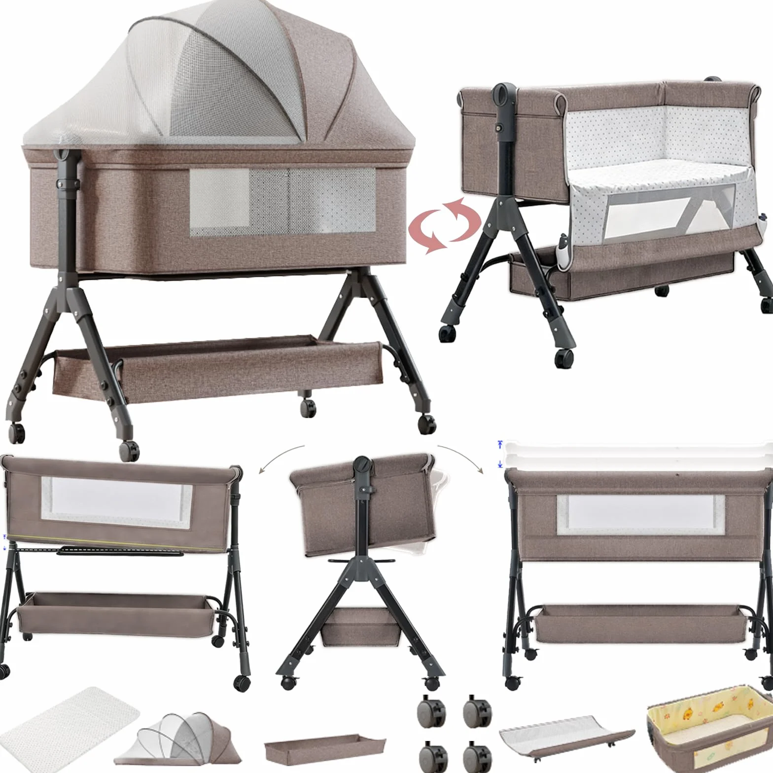 Beistellbett Baby mit Rollen, Faltbar Co-Sleeping Babybett, Convertible Stubenwagen Baby Kleinkind Wiege (X3 Khaki)