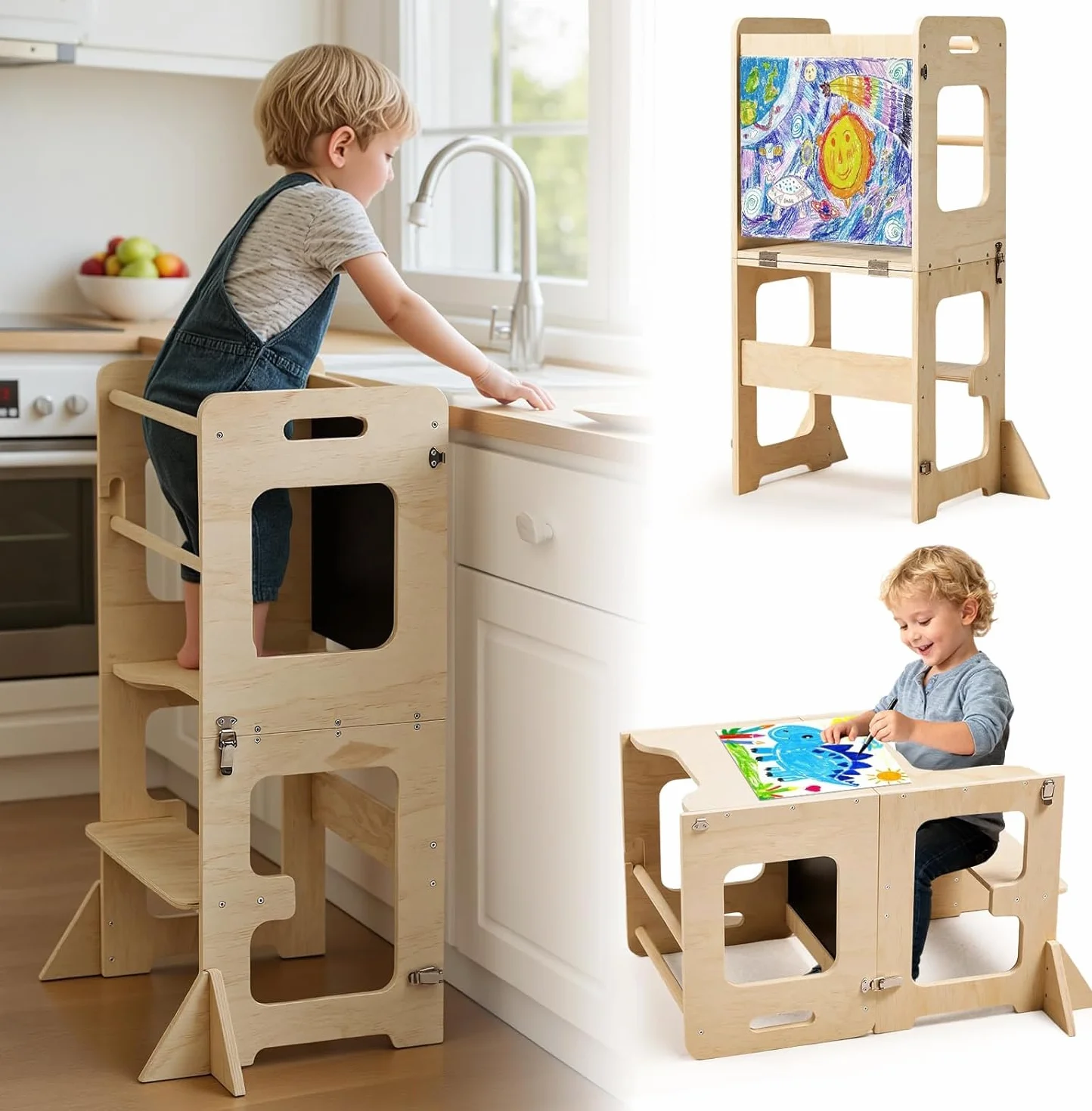 Labebe Lernturm für Kinder, Faltbarer Montessori Learning Tower, 3 in 1 Montessori Küchenhelfer Lernturm ab 18 Monate (Holz)