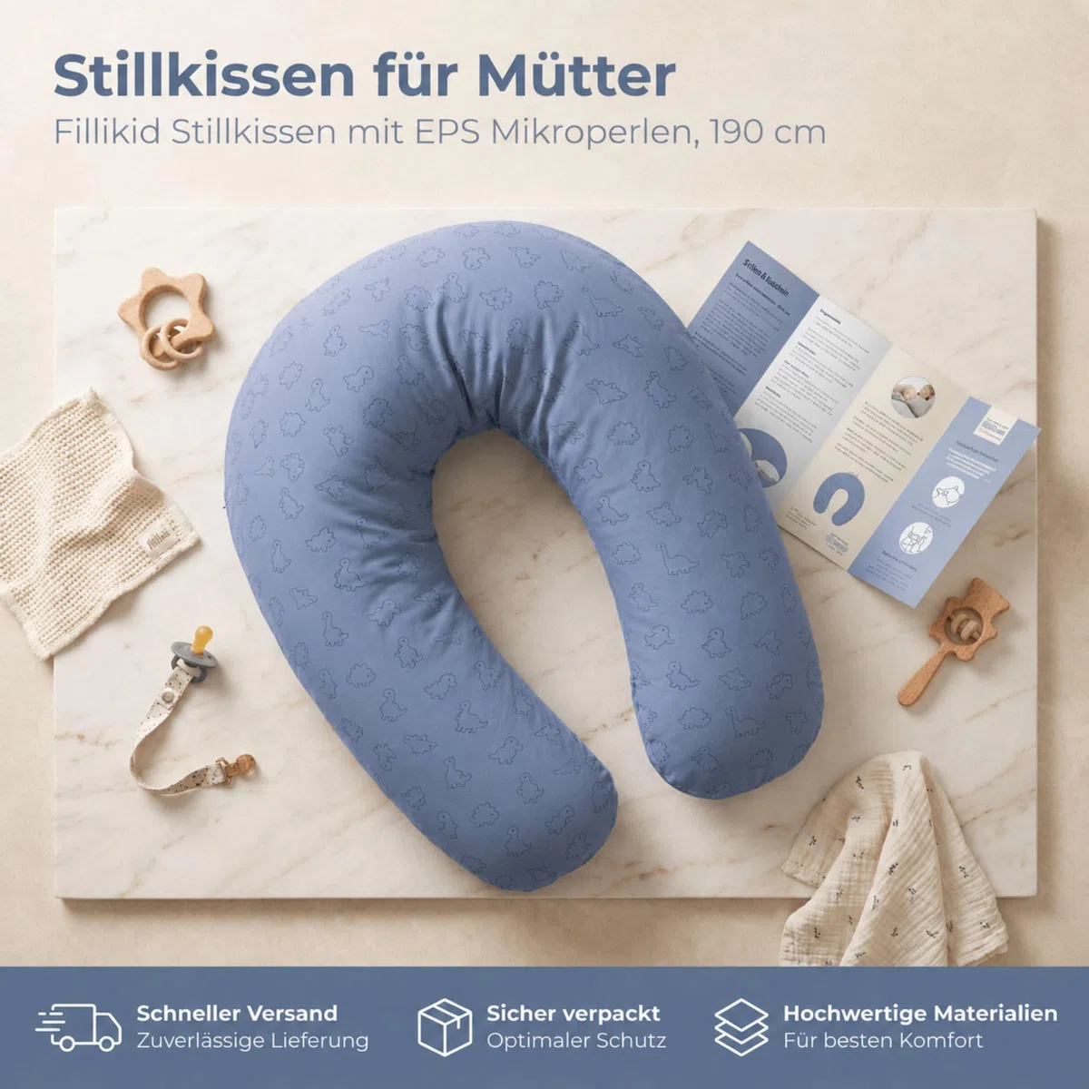 Fillikid Stillkissen EPS-Perlen 190 cm Exklusiv | XXL Stillkissen mit EPS Mikroperlen Länge 190 cm | Schwangerschaftskissen Bezug 100% Baumwolle maschinenwaschbar | Kissen Schwangerschaft