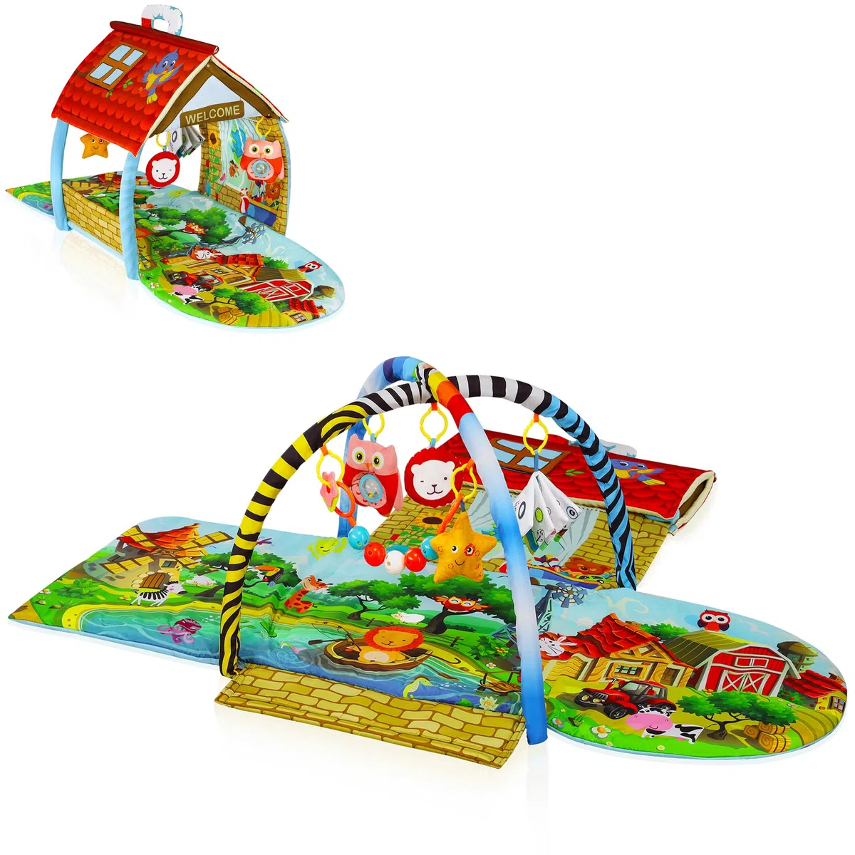 Lionelo Agnes Plus 2in1 Krabbeldecke für Baby, Spielmatte Baby, 2 Spielbögen, Spielhaus, Stoffbuch, Spielzeuge Bunte, Rasselkette, verstärkter Boden, kontrastreiche Farben