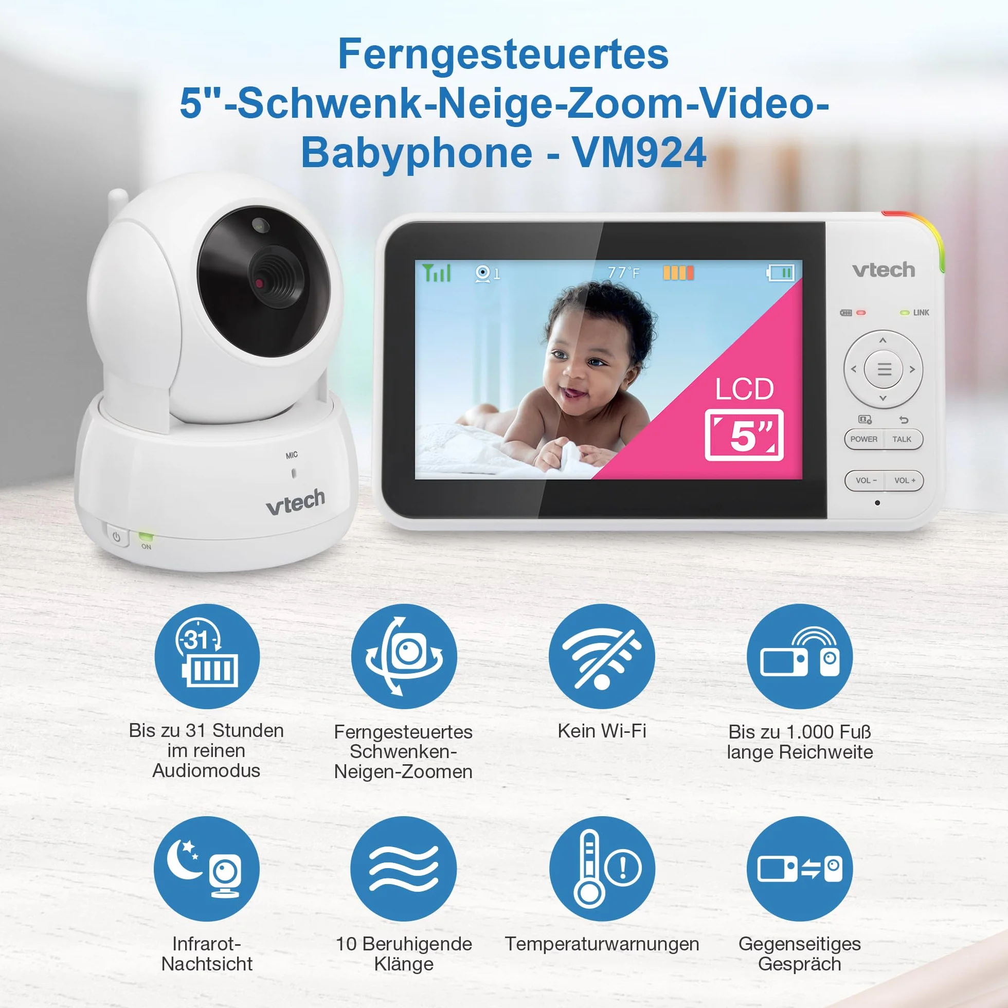 VTech VM924 Video Babymonitor mit Kamera, 5" LCD-Display, Lange Akkulaufzeit, Nachtsicht, 300 Meter Reichweite, Pan&Tilt&Zoom, Lullaby, Beruhigende Geräusche, Temperatursensor