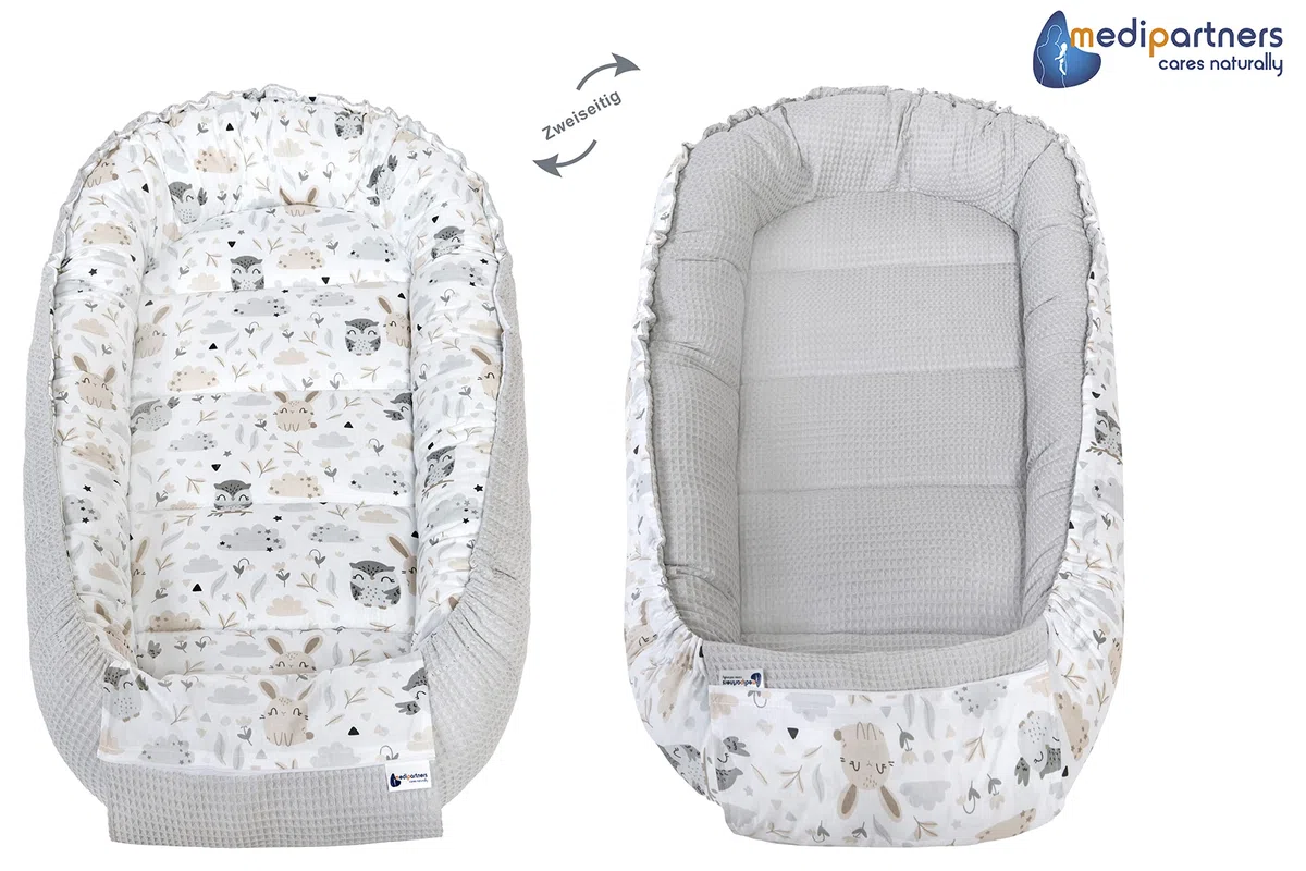Medi Partners Babynest Nestchen für Neugeborene - 100x60x15 Babynestchen Baby zweiseitg Nest Bett 100% Baumwolle Waffel Kuschelnest tragbar (Lichtung mit Grauer Waffel)