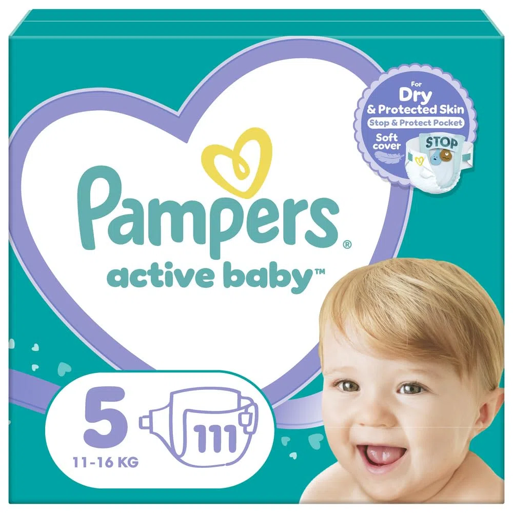 Pampers Windeln Größe 5 (11-16kg), Active Baby Windeln, 110 Stück, Durchlaufschutz Ganztägig