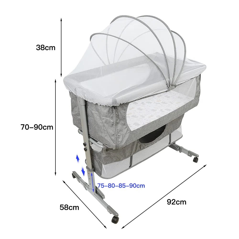 OHMG 3 in 1 Babybett,Beistellbett mit Aufbewahrungskorb,Wiege,Höhenverstellug und Einstellung der Neigung der Matratze,4 Räder mit Bremse Ergonomische Matratze,Verstellbarer,Tragbares