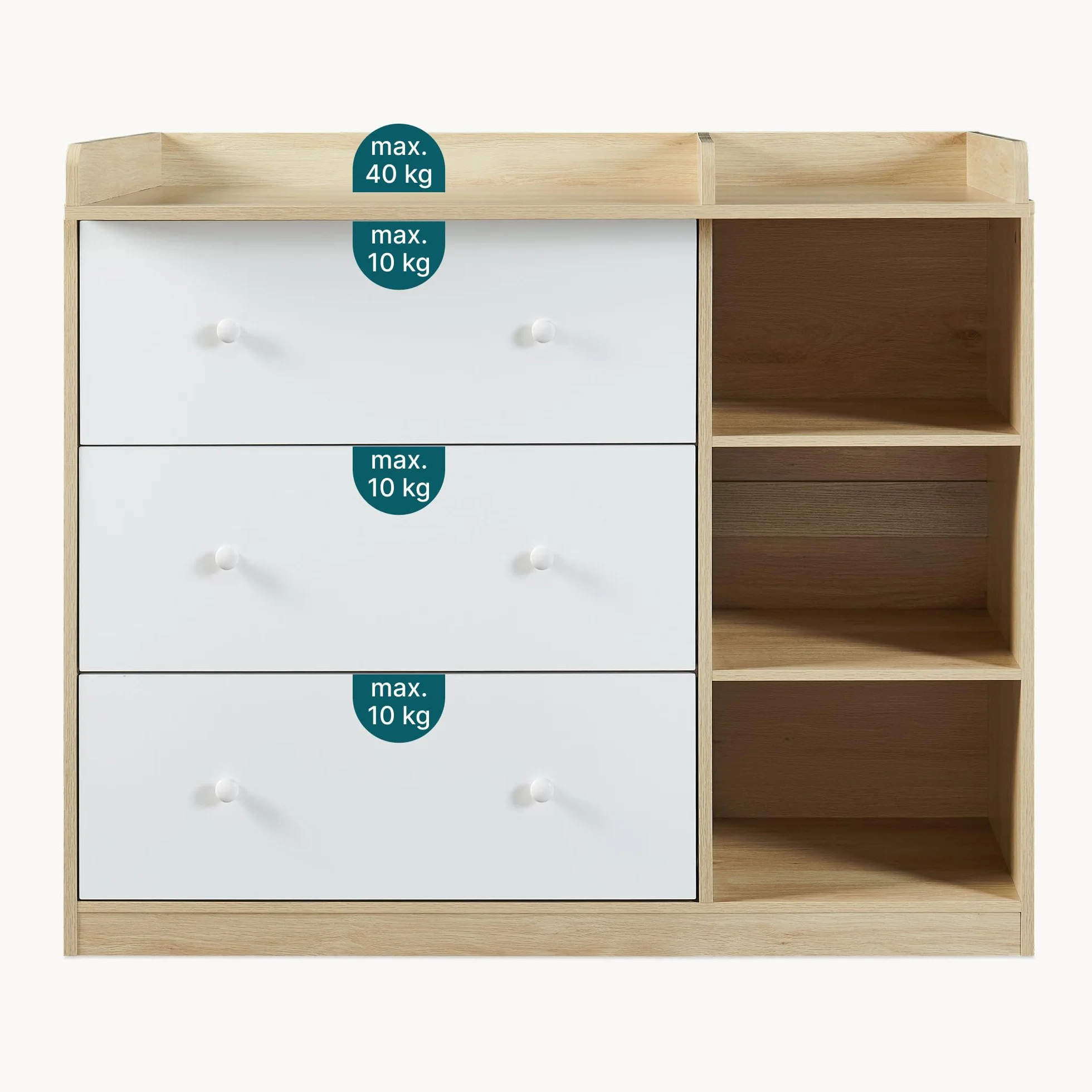 Wickelkommode Beldinupp Wickeltisch 3 Schubladen 3 Regalfächer 93 x 110 x 55 cm Eicheoptik Weiß