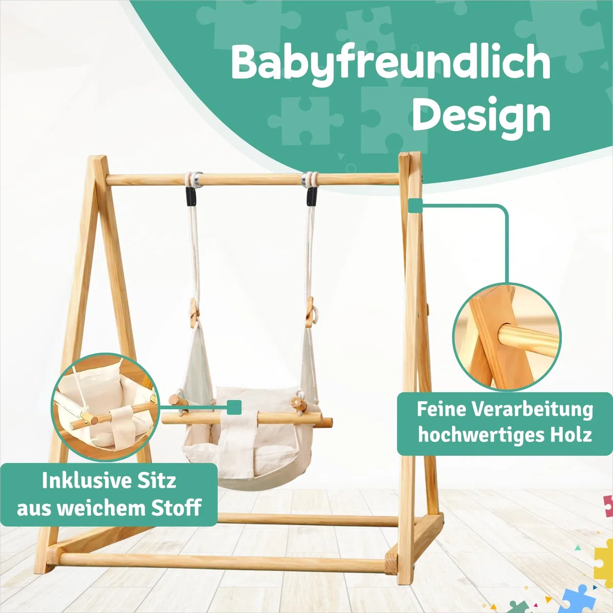 Holz Babyschaukel mit klappbarem Schaukelsitz, Babyschaukelstuhl & Baby Swing aus Kiefernholz, Holzspielzeug für Babys, Indoor & Outdoor Kinderschaukel für drinnen und draußen, sicherer Babysitz