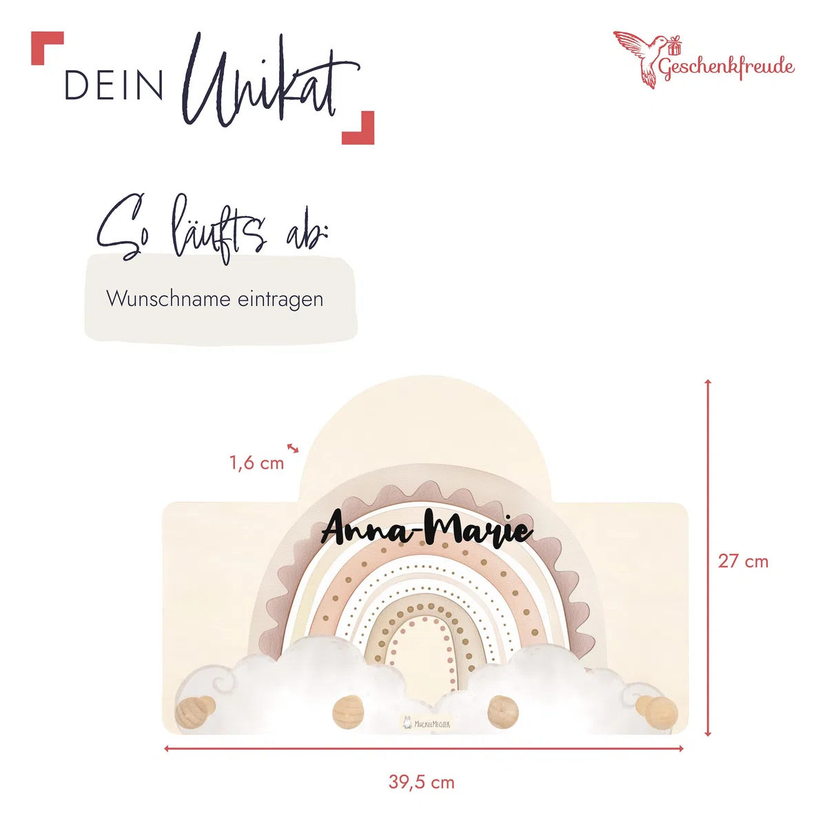 Geschenkfreude Personalsierte Kindergarderobe mit Namen aus Holz - Kinder Garderoben Regenbogen rosa - einzigartige Kinderzimmer Deko - Wandgarderobe - Baby Garderobe - Kleiderhaken für Kinder