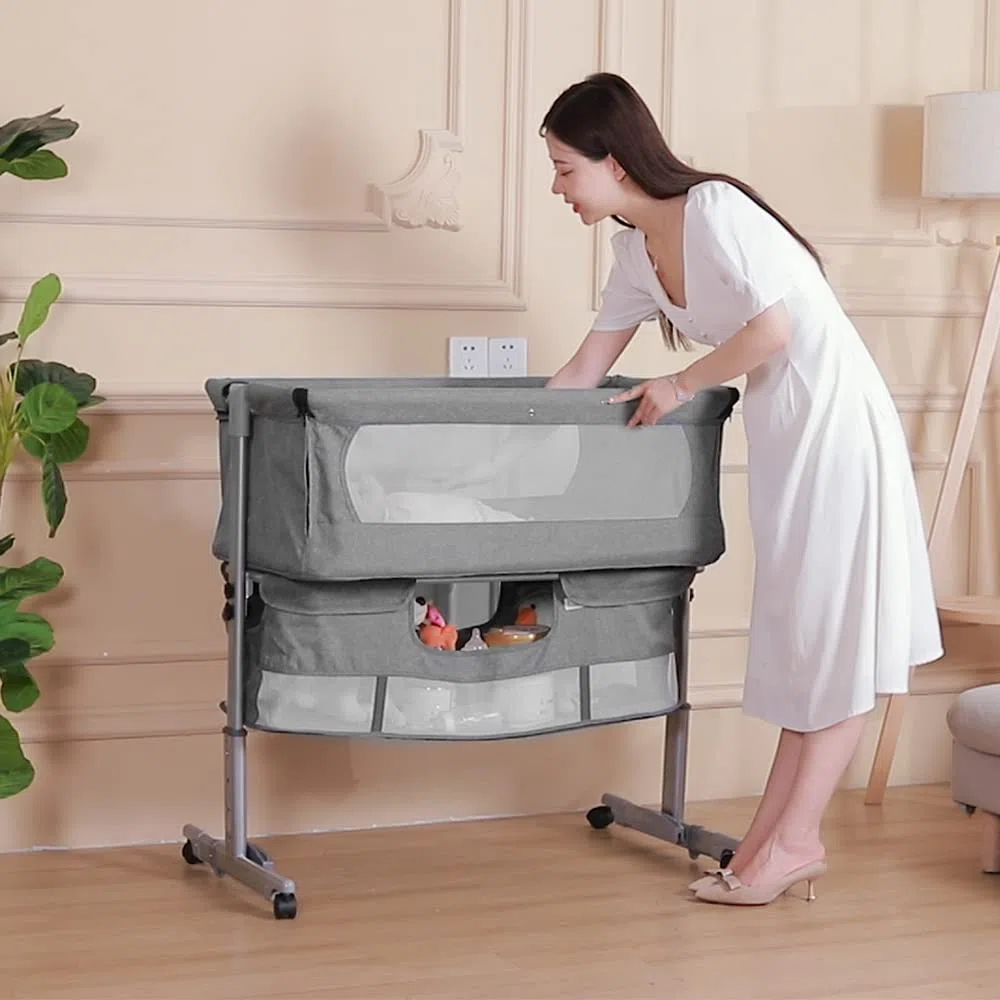 Cododo-Wiege, Beistellbett, Beistellbett mit Matratze und Moskitonetz, 3-in-1, Mobile Babywiege, Beistellbett für Babys von 0 bis 36 Monaten, verbessertes Modell (dunkelgrau)