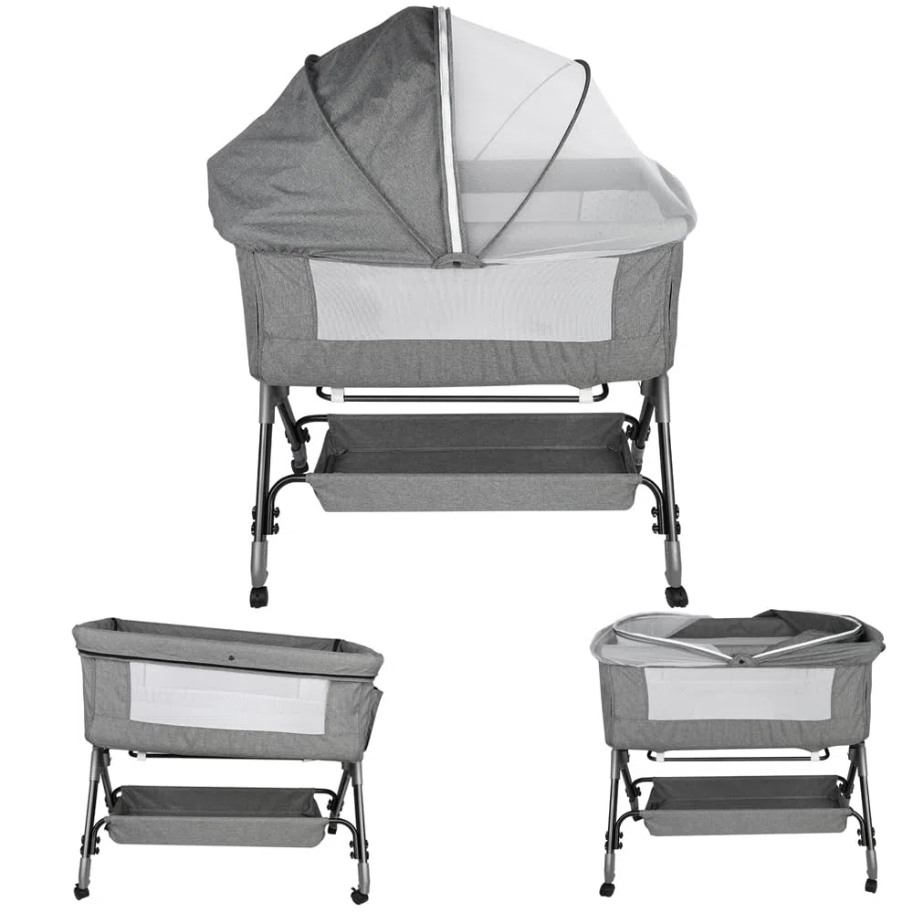 Kedia Babybett, Beistellbett, Kinderbett mit Moskitonetz, Kinderreisebett mit Rollen, 4 Höhenverstellung, Babybetten Stubenwagen, 104 * 52 * 103-115cm (grau)