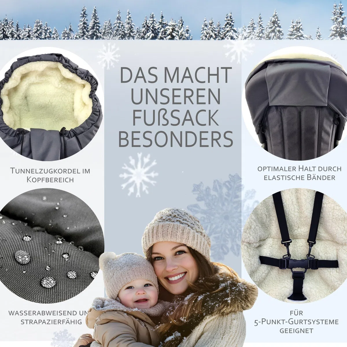BambiniWelt by Rafael K. Winterfußsack – universaler Fußsack für Kinderwagen, Buggy & Schlitten in Mumienform – Lammwolle, größenverstellbar (90–110 cm), warm, waschbar & windabweisend (schwarz)