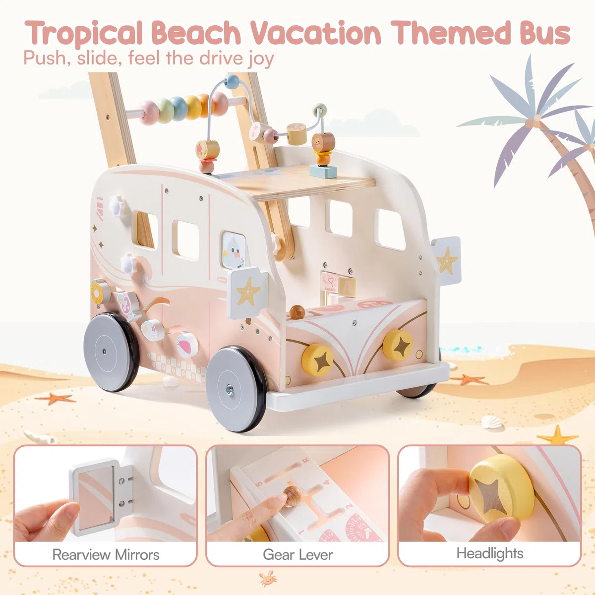 ROBOTIME Lauflernwagen Holz mit Geschwindigkeitskontrolle, Rosa | Urlaubsbus-Design Höhenverstellbare Baby-Lauflernhilfe mit Aktivitätscenter und Stauraum für Kinder von 10–36 Monaten
