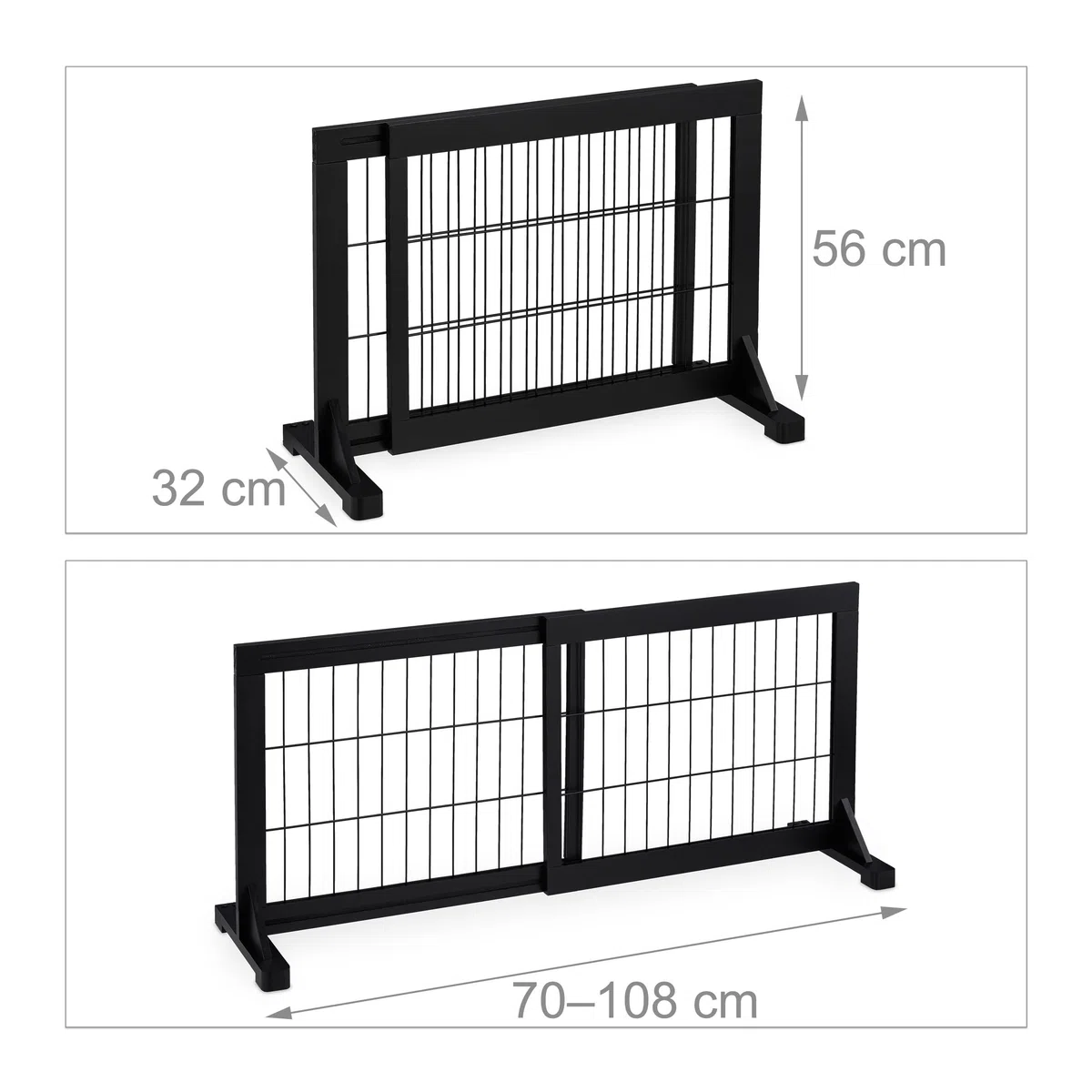 Relaxdays Absperrgitter, ausziehbares Schutzgitter, Treppe & Tür, HxB 56x70-108 cm, freistehend, Kinder & Hunde, schwarz