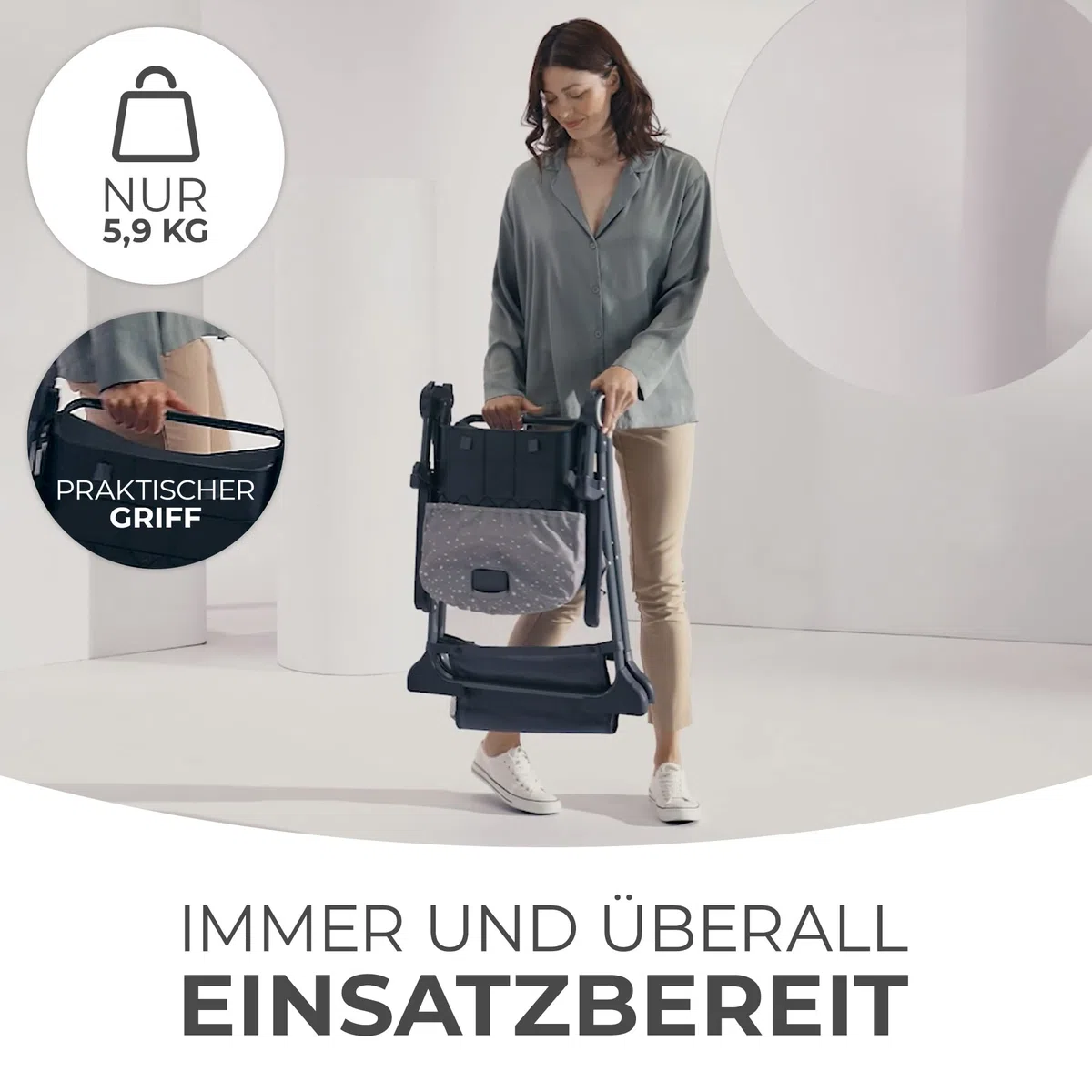 Kinderkraft FOLDEE Hochstuhl Baby, Kinderstuhl ab 6 Monate, Zusammenklappen, Leicht zu tragen mit einer Hand, Verstellbare Rückenlehne und Fußstütze, Tablett und Zubehörkorb im set, Grau