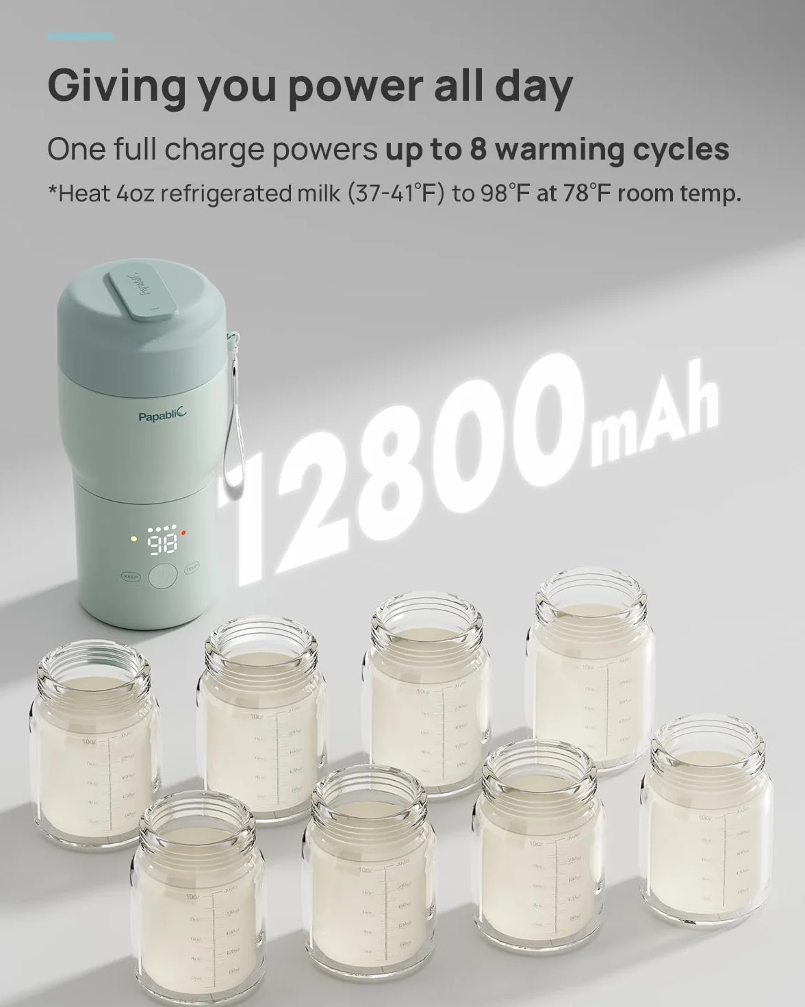 Papablic Pro tragbarer Flaschenwärmer – 115 W schnellste Erwärmung, integrierter Sterilisator, 8 Fütterungen pro Ladung, 5 Temperatureinstellungen und Warmhalten für Muttermilch und Formel (Minzgrün)