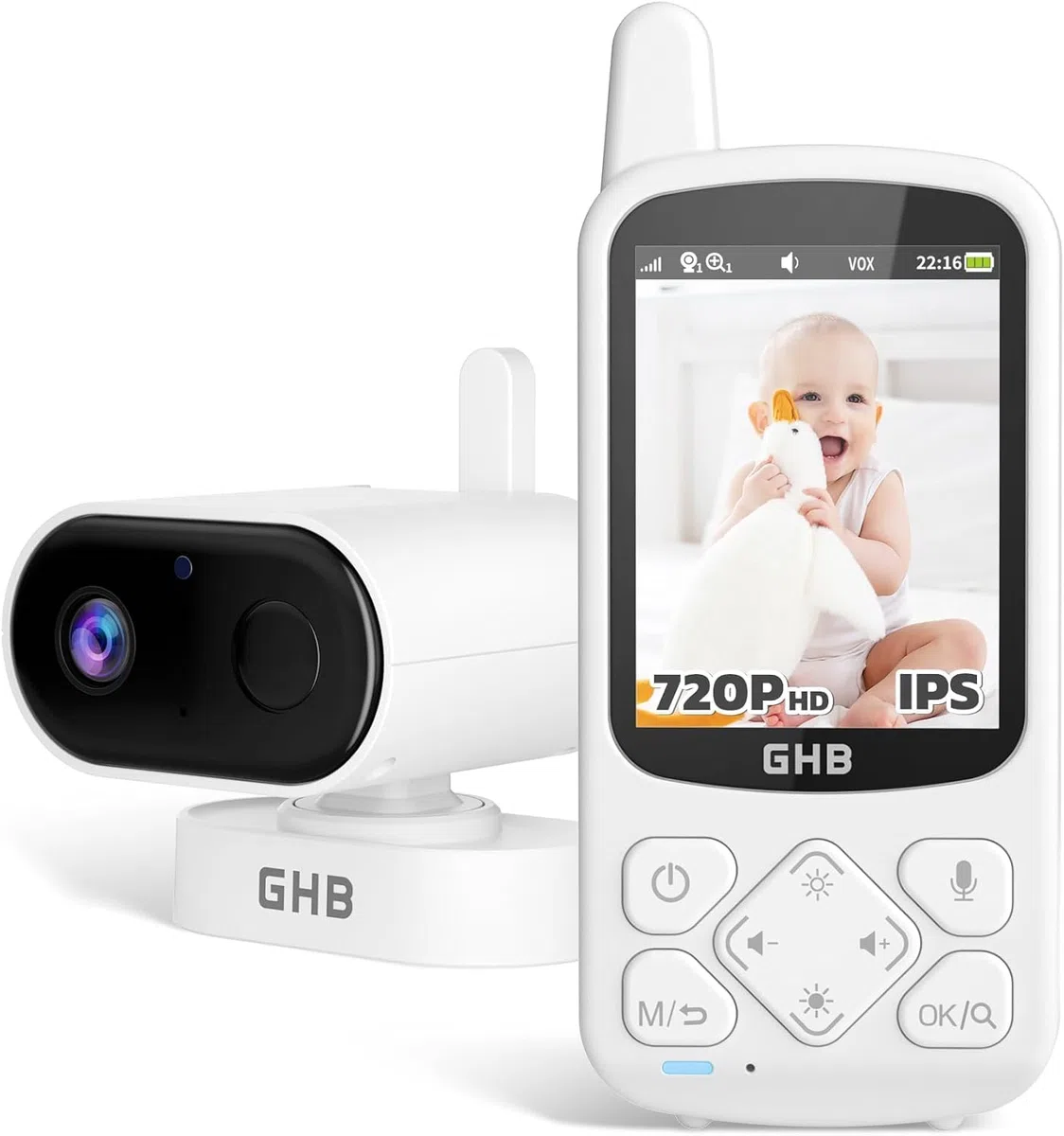 GHB Babyphone mit Kamera Baby Monitor 720P HD Zoom 2000mAh Akku 8 Schlafliedermit VOX Modus Nachtsicht