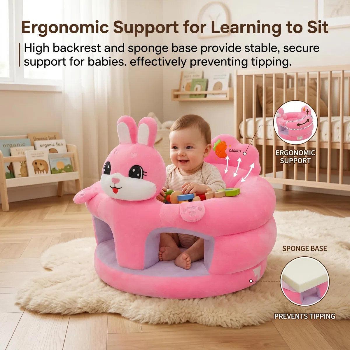 Babysitzstuhl, Sit Me Up-Bodensitz für Babys, tragbarer Sitzstuhl mit ergonomischer Unterstützung und weichem Plüschstoff, Hasendesign für Kleinkinder von 3 bis 12 Monaten, Sitze für Kleinkinder ab 3