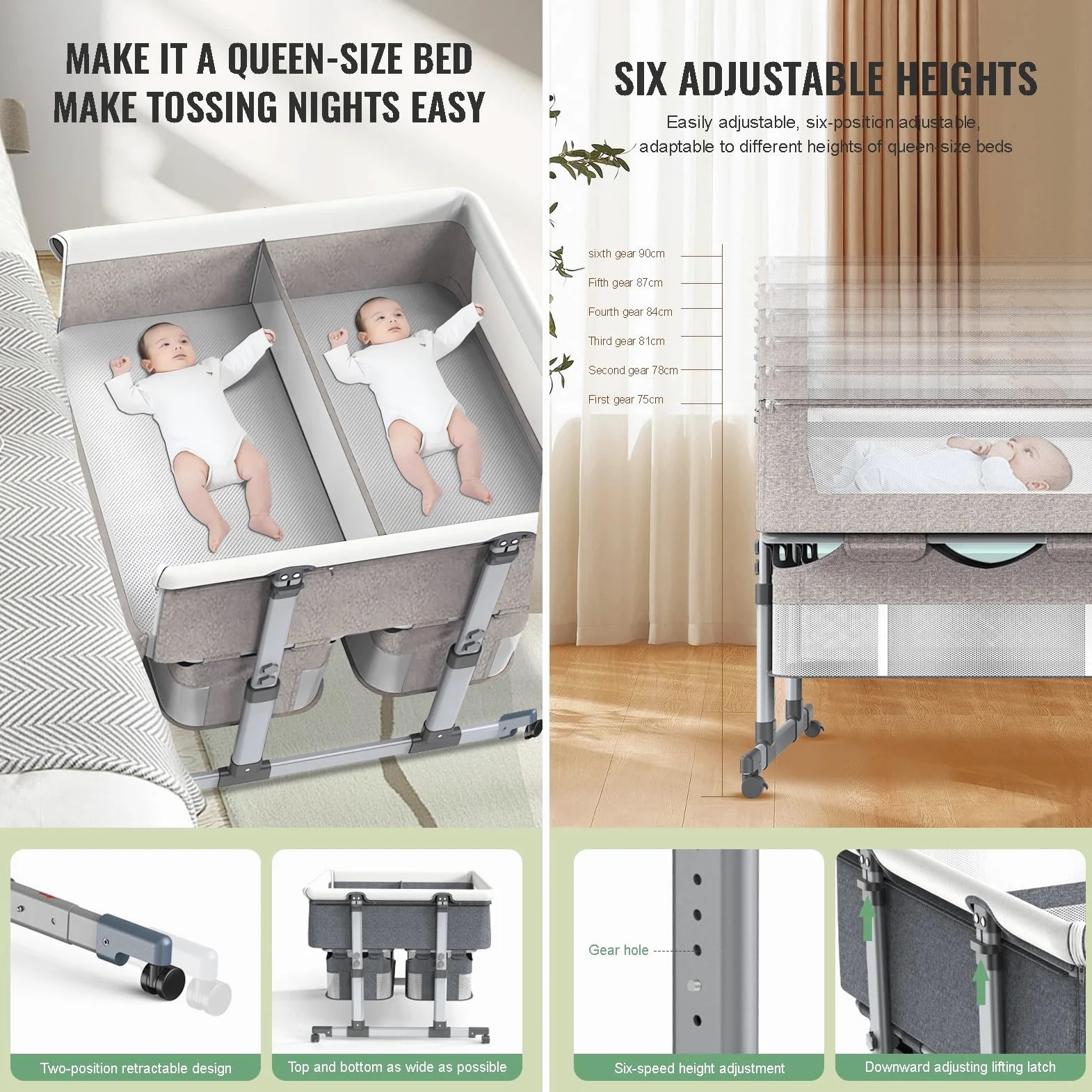Zwillingsbett Für 2 Babys,Babybett Für Zwillinge,Stubenwagen Für Zwillinge,Zwillingsbett Next to Me,6-Fach Höhenverstellbar,Leicht Zusammenklappbares Schlafbett,Tragbares Babybett