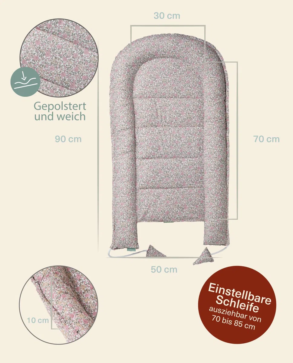 molis&co - Babynest - 100% Baumwolle (Oeko-TEX) - Babynestchen Neugeborene - Ideal als Reisebett, Kuschelnest Geeignet & Cradle Reducer - 90 x 50 cm - Peony