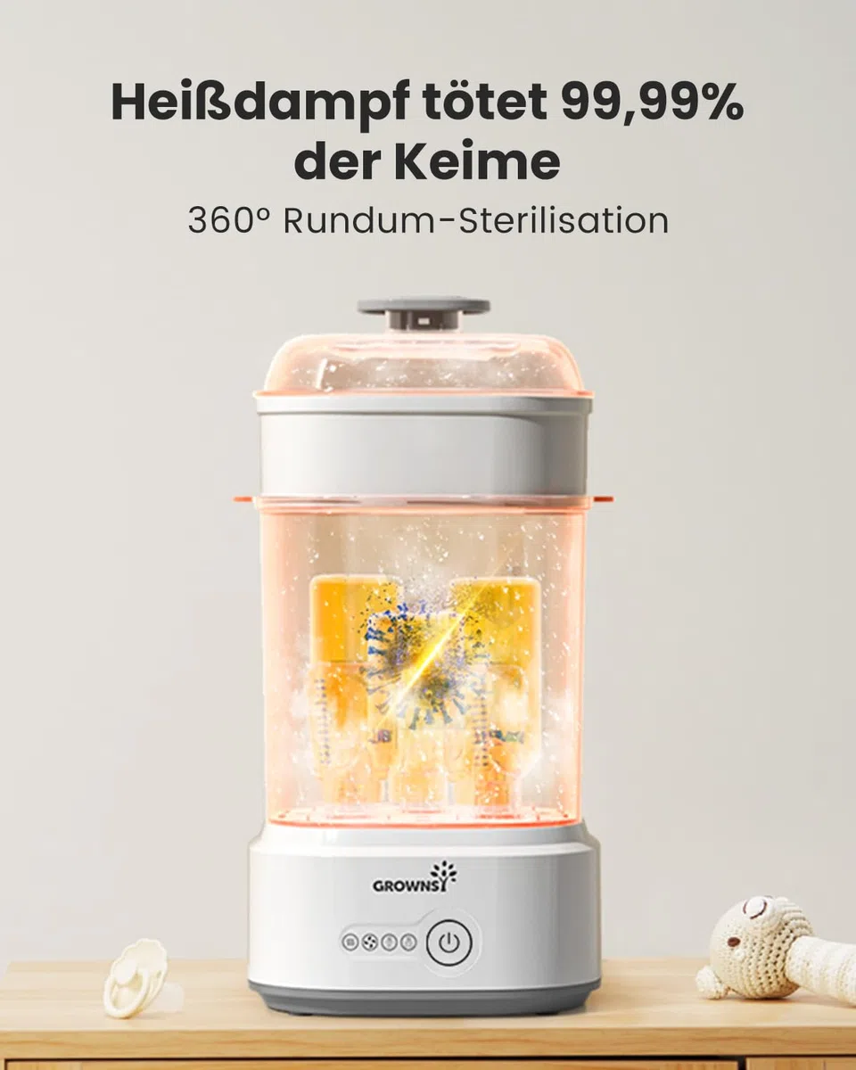 Grownsy Sterilisator für Babyflaschen mit Trocknerfunktion, 5 Flaschen | Schnellsterilisation in 8 Min., kompakter 5-in-1-Dampfsterilisator für Sauger, Schnuller und Milchpumpenzubehör