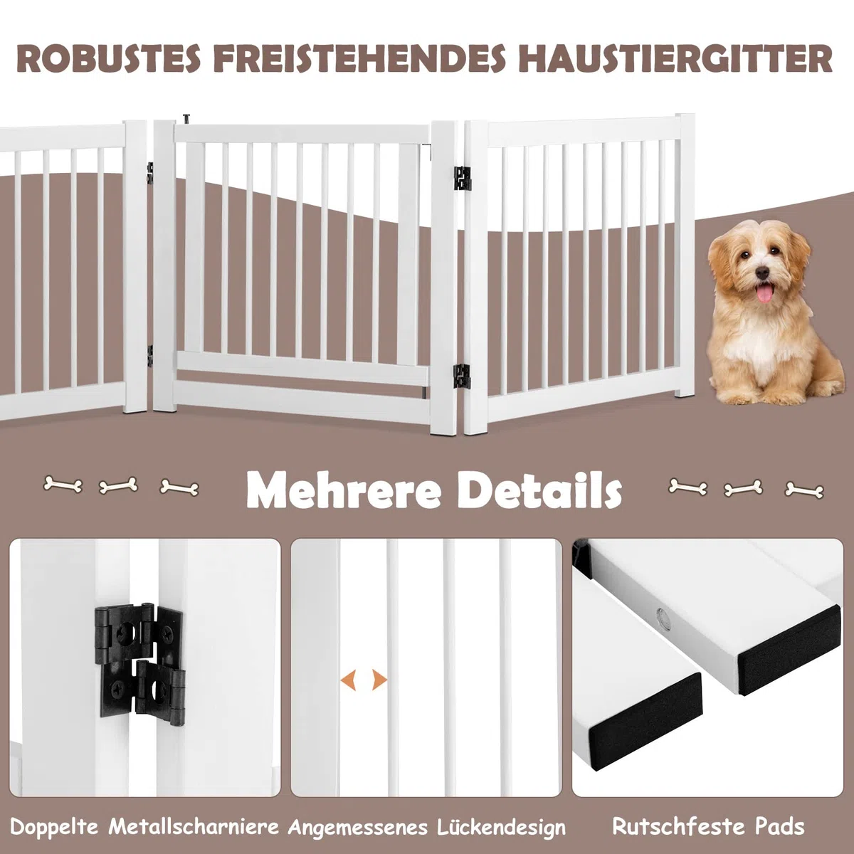 COSTWAY 3-teiliges Absperrgitter Hunde, Freistehendes Hundegitter mit Tür, 61cm hoch, Schutzgitter Holz, Treppengitter Kindergitter klappbar, Hundeabsperrgitter für Kamin & Treppe (Weiß)