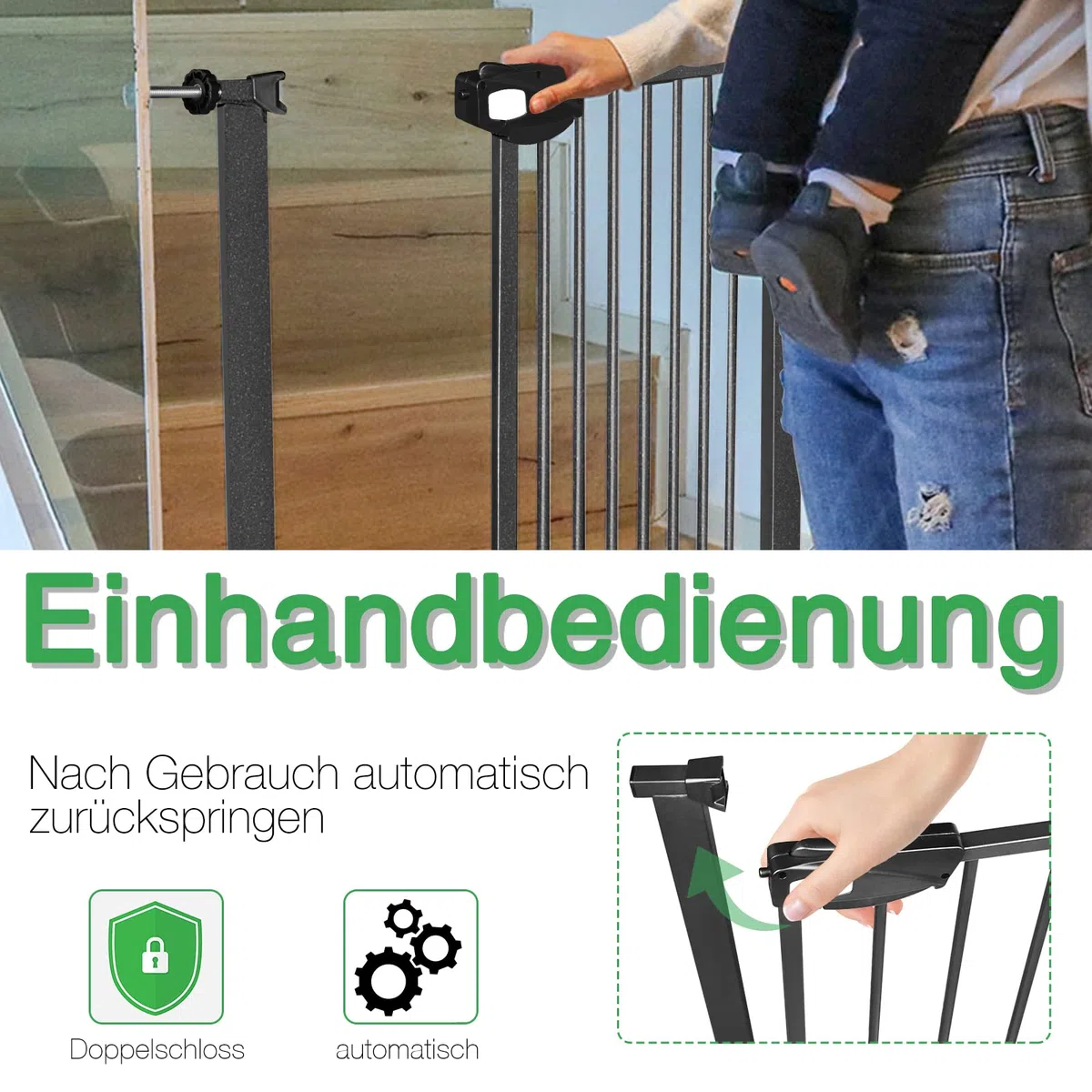XMTECH Treppengitter Schwarz 85-95cm Breit, Auto-Close Safety Gate mit Druckbefestigung, 180° Zweiwegeöffnung