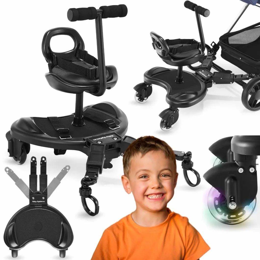 Moby-System, Board mit Sitz für Rollstühle mit Sitz Universelle Plattform für ältere Kinder, Leuchtende LED-Räder mit Stoßdämpfung passend für jeden Kinderwagen