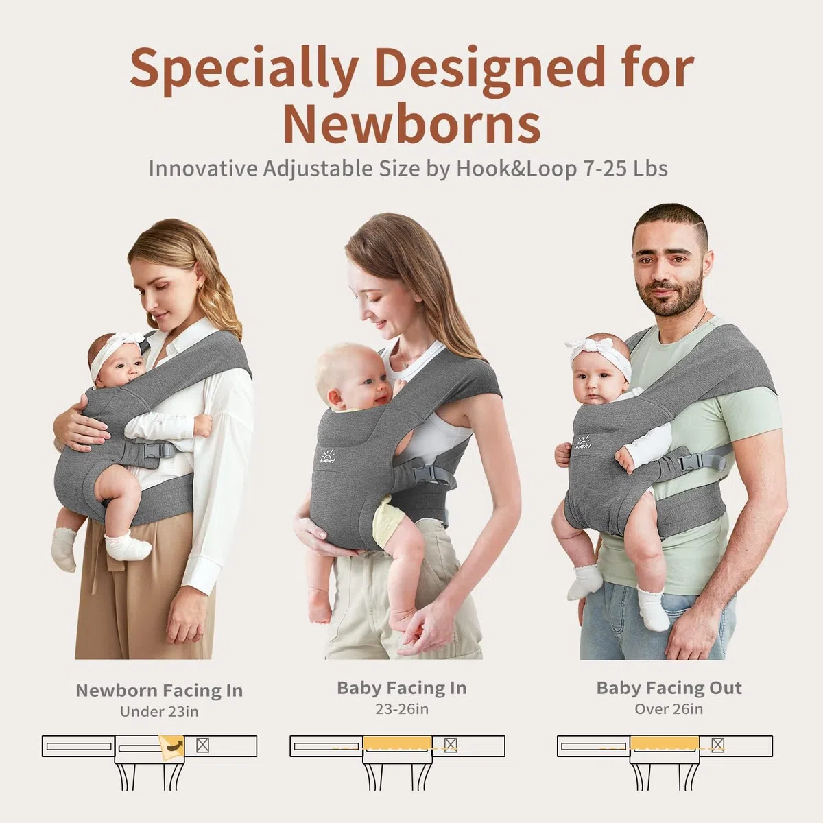 Babytrage für Neugeborene ab Geburt, MOMTORY Komfortabler Hüftsitz für Baby(3-12kg), Ergonomischer Tragetuch Neugeborenes bis Kleinkind mit Klettverschluss, Leicht Verstellbare Hüfttrage - Hellgrau