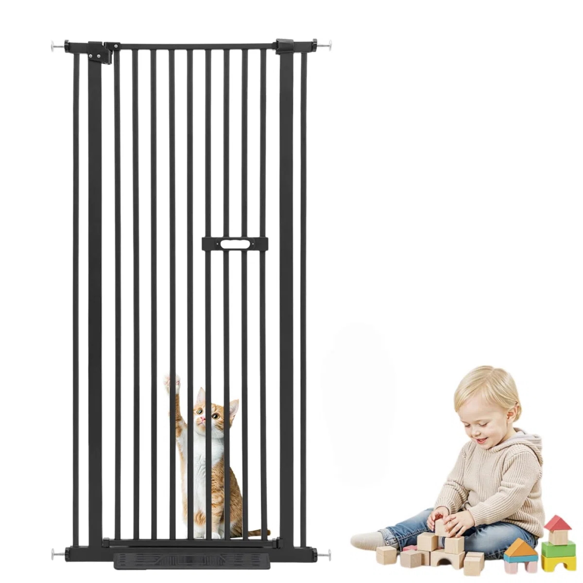 Schutzgitter für Haustiere, 150cm Haustiergitter mit 76-85cm Einstellbare Breite, Ohne Bohren, 3,5 cm Rohrabstand, Katzenklappe Türschutzgitter Treppenschutzgitter（Schwarz）