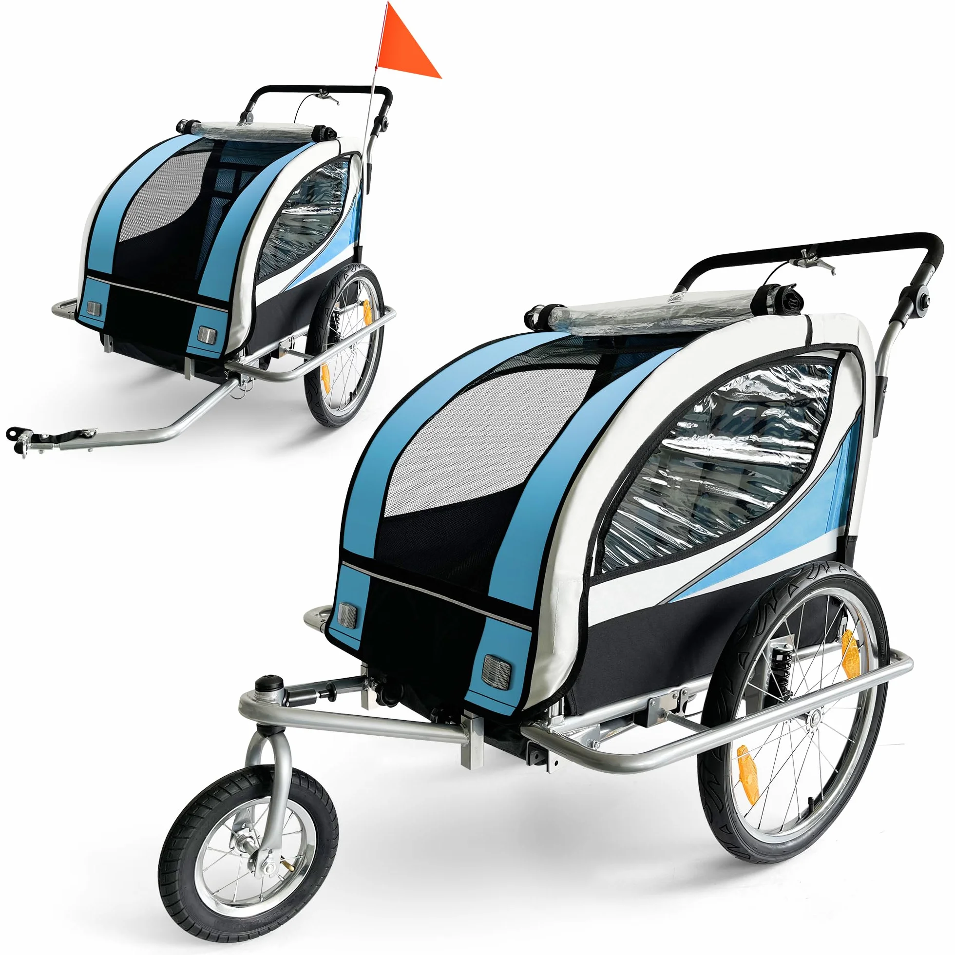 SAMAX Fahrradanhänger Jogger 2in1 360° drehbar Kinderanhänger Kinderfahrradanhänger Transportwagen vollgefederte Hinterachse für 2 Kinder in Blau - Silver Frame