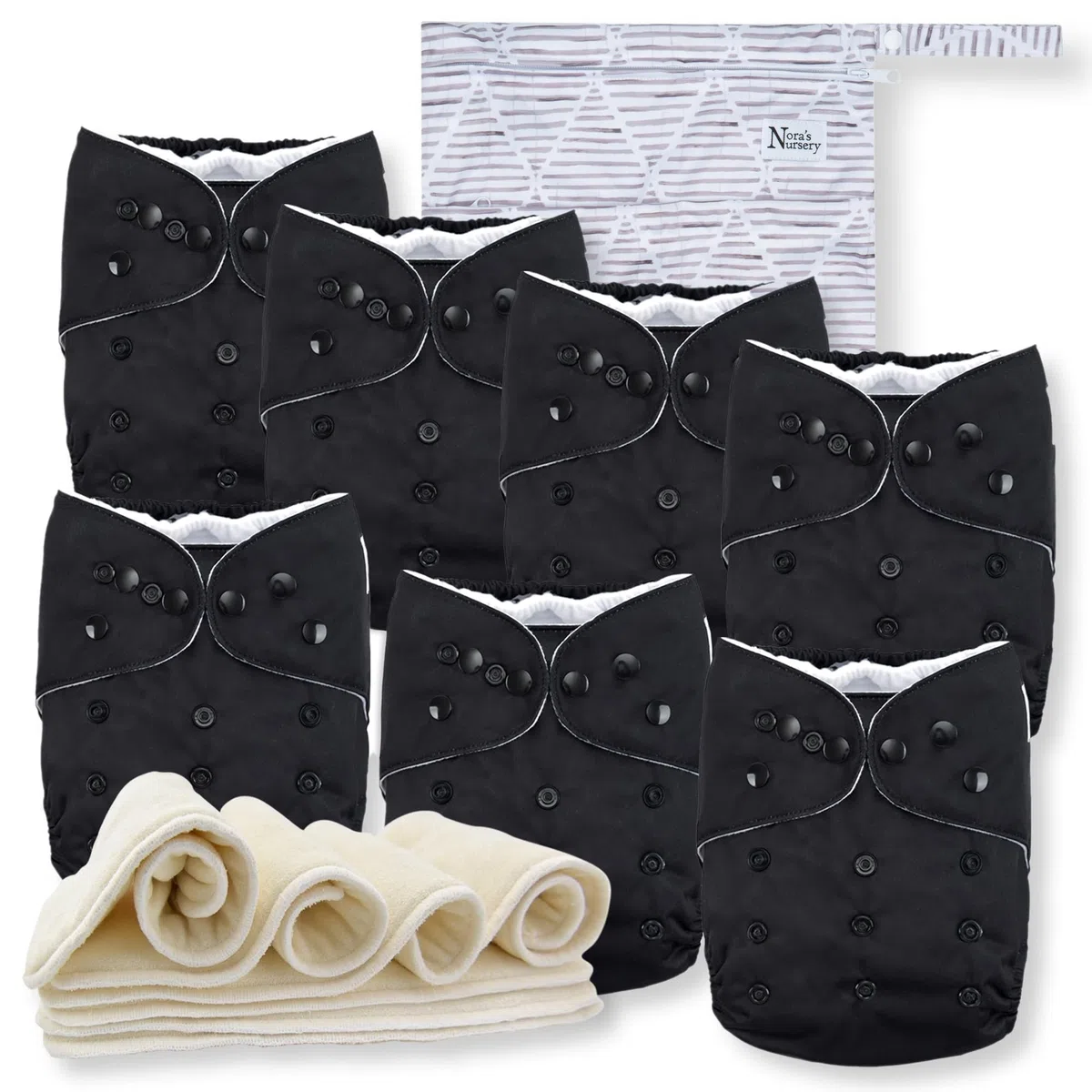 Nora's Nursery Stoffwindeln, 7er-Pack mit 7 Einsätzen und 1 Nassbeutel, wasserdichter Bezug, waschbar, wiederverwendbar und Einheitsgröße, verstellbare Taschenwindeln für Neugeborene und Kleinkinder