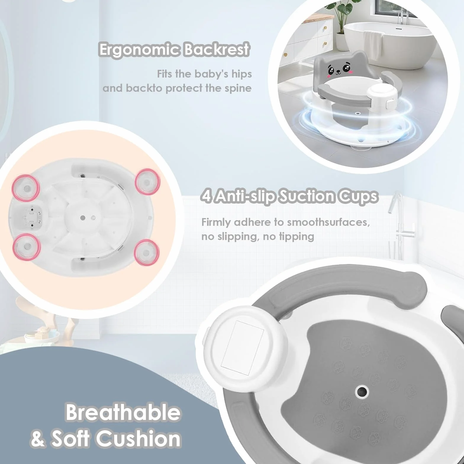 Badewannensitz Baby, Baby Badewannensitz mit 4 rutschfesten Saugnäpfen, Badesitz Baby ab 6 Monate, Tragbar und Sicher für Dusche oder Badewanne, Wandmontage zur Platzersparnis